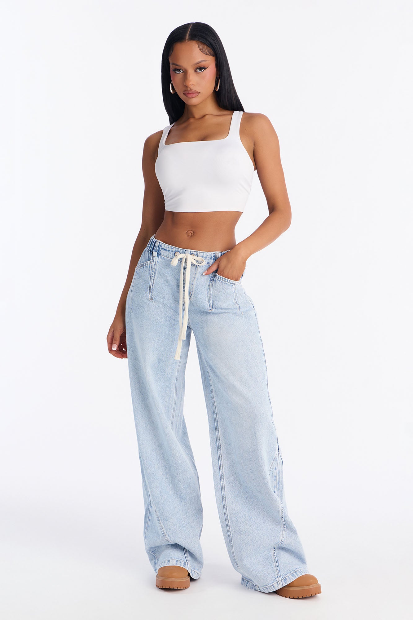 Meadow Drawstring Drapey Jeans - Light Wash