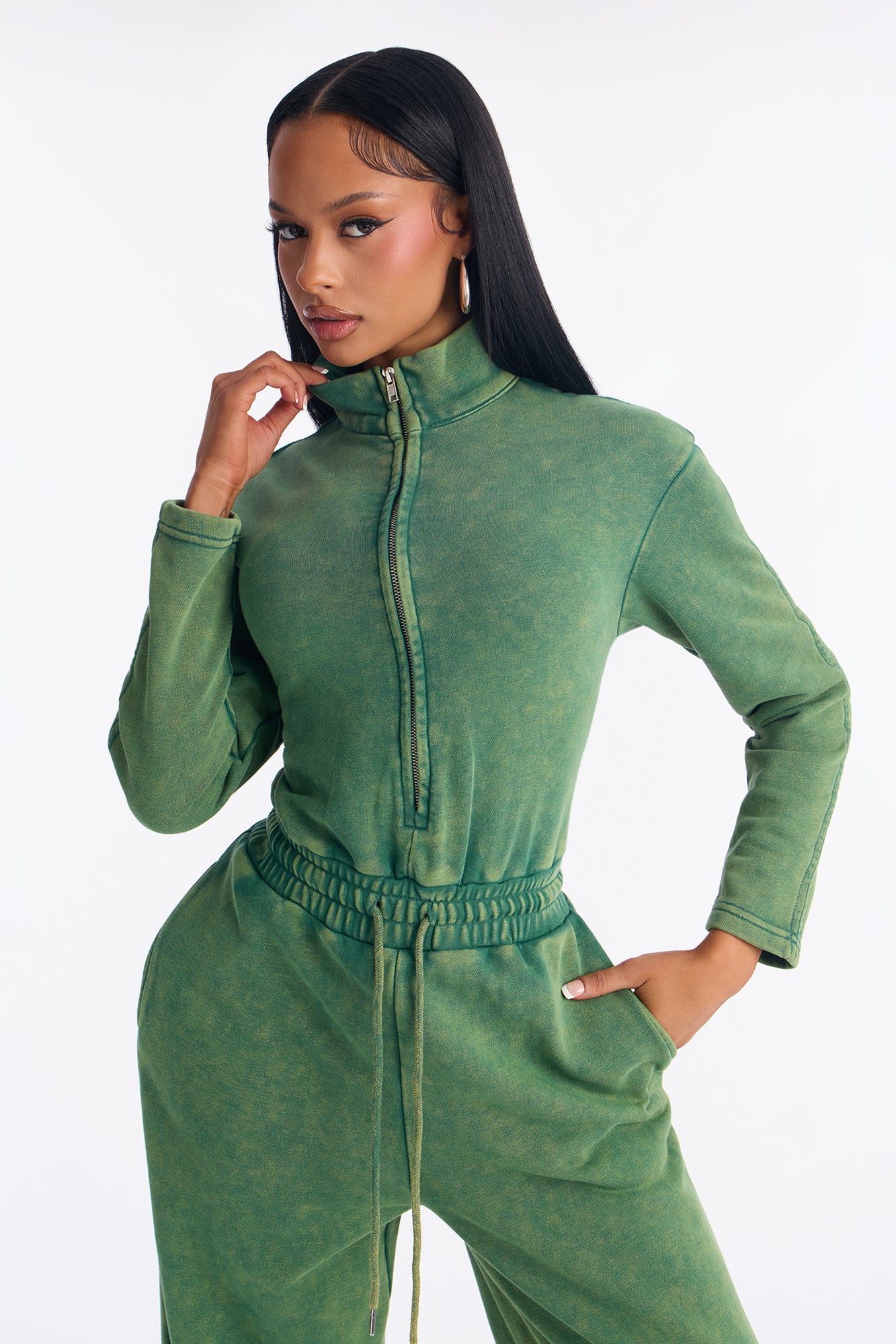 Busy Schedule Washed French Terry Jumpsuit - Hunter