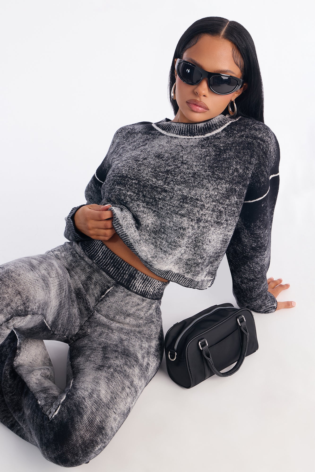 Out Of This World Washed Sweater Wide Leg Pant Set - Black