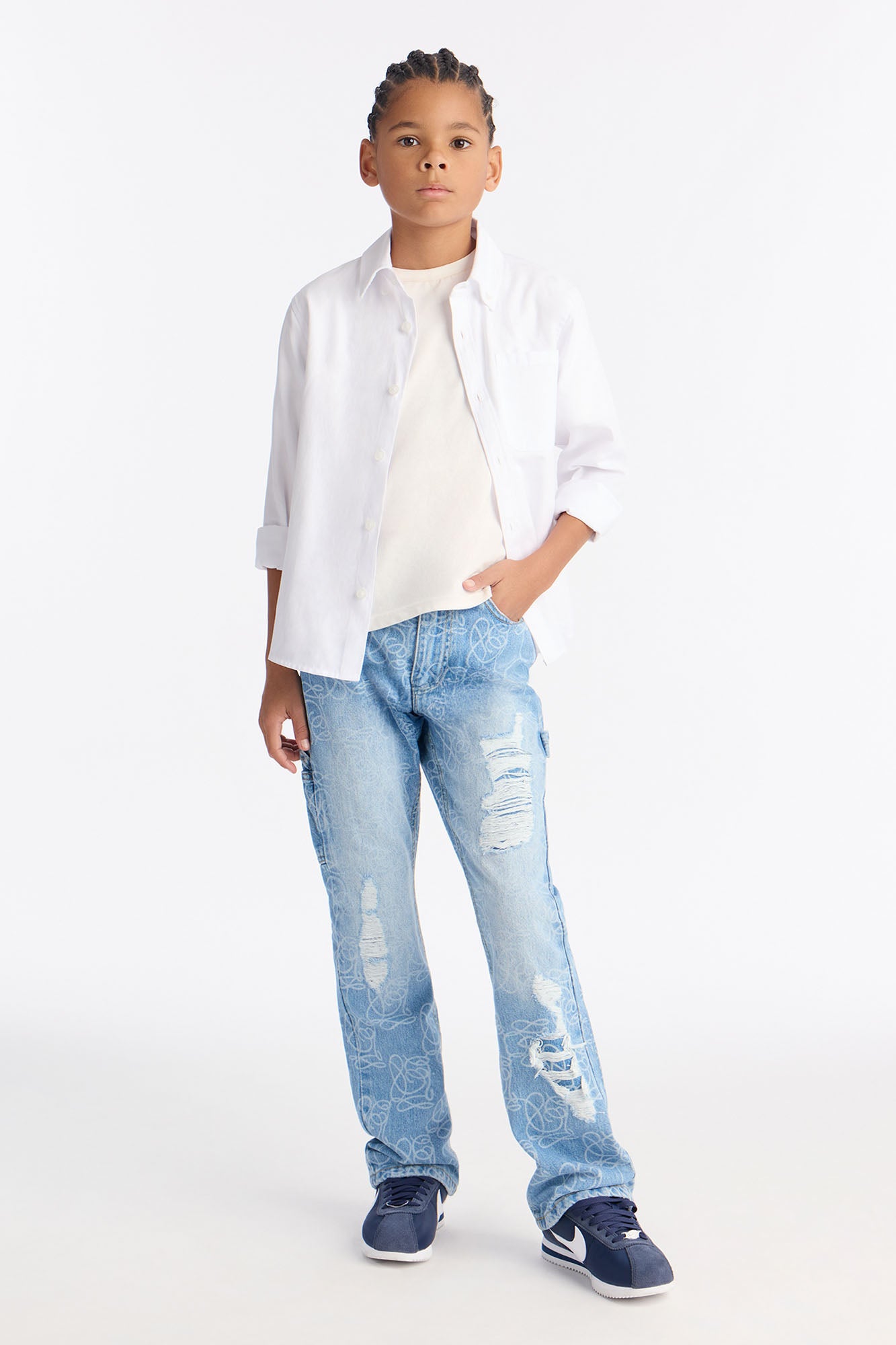 Mini Stacked Slim Flare Slide Thru Distressed Jean - Medium Blue Wash