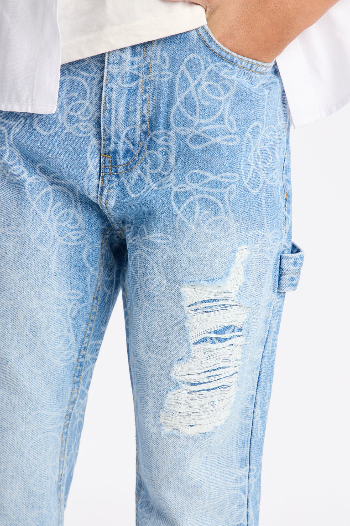 Mini Stacked Slim Flare Slide Thru Distressed Jean - Medium Blue Wash