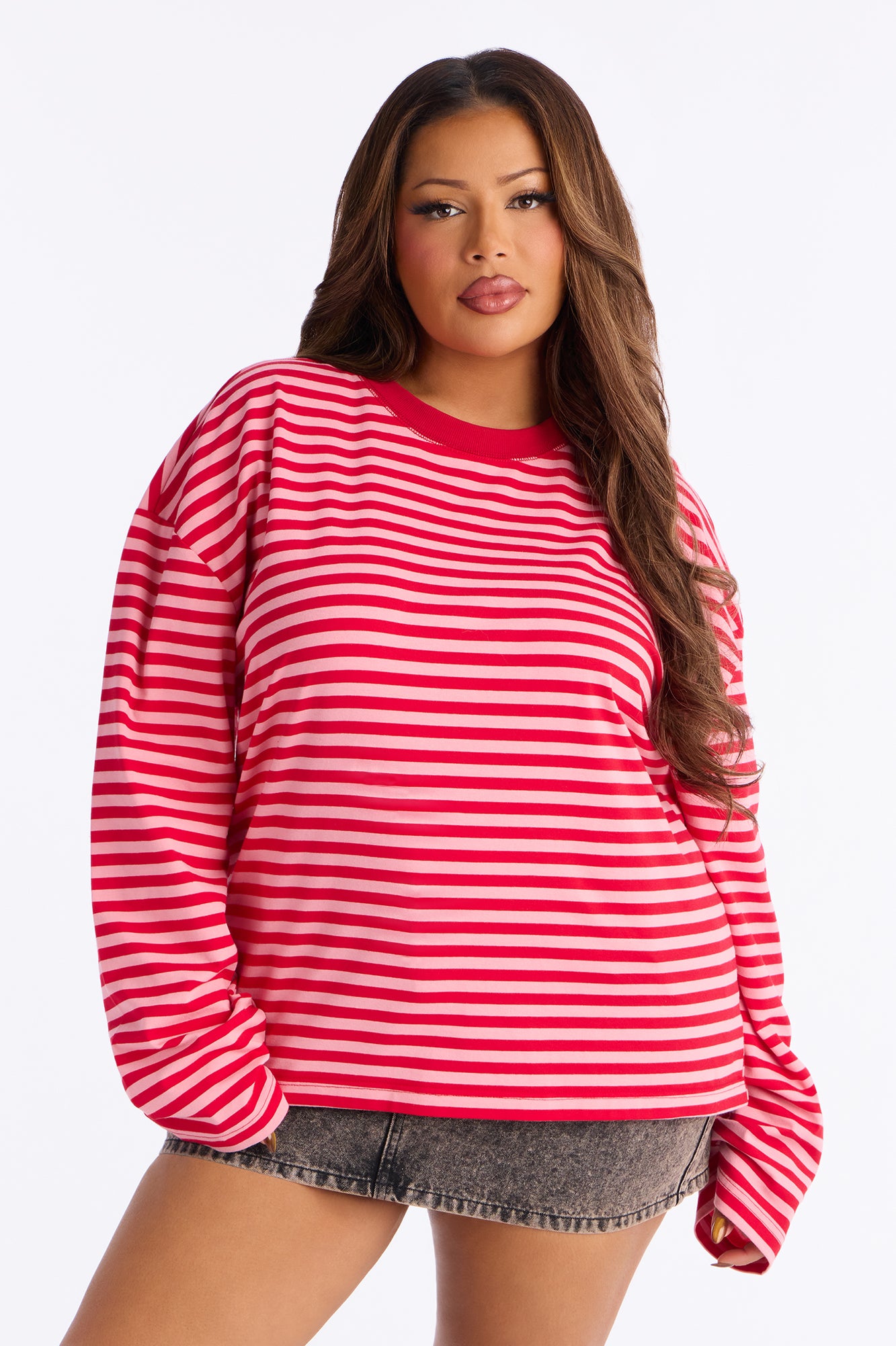 Alyssa Striped Oversized Long Sleeve Top - Red/combo