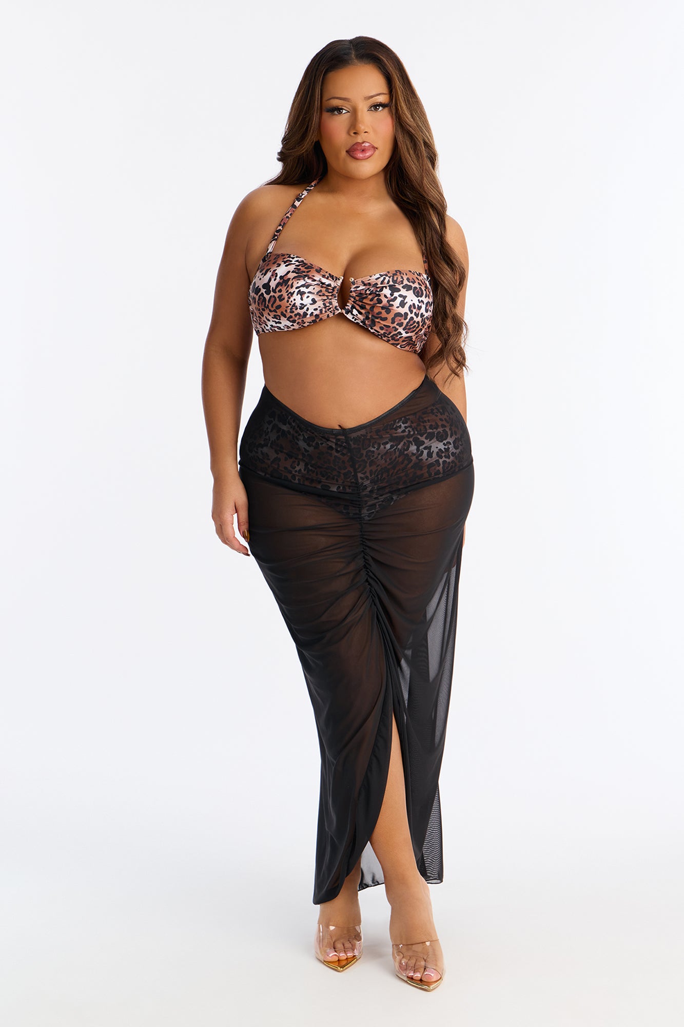 Aya Leopard 3 Piece Bikini Mesh Skirt Set - Brown/combo