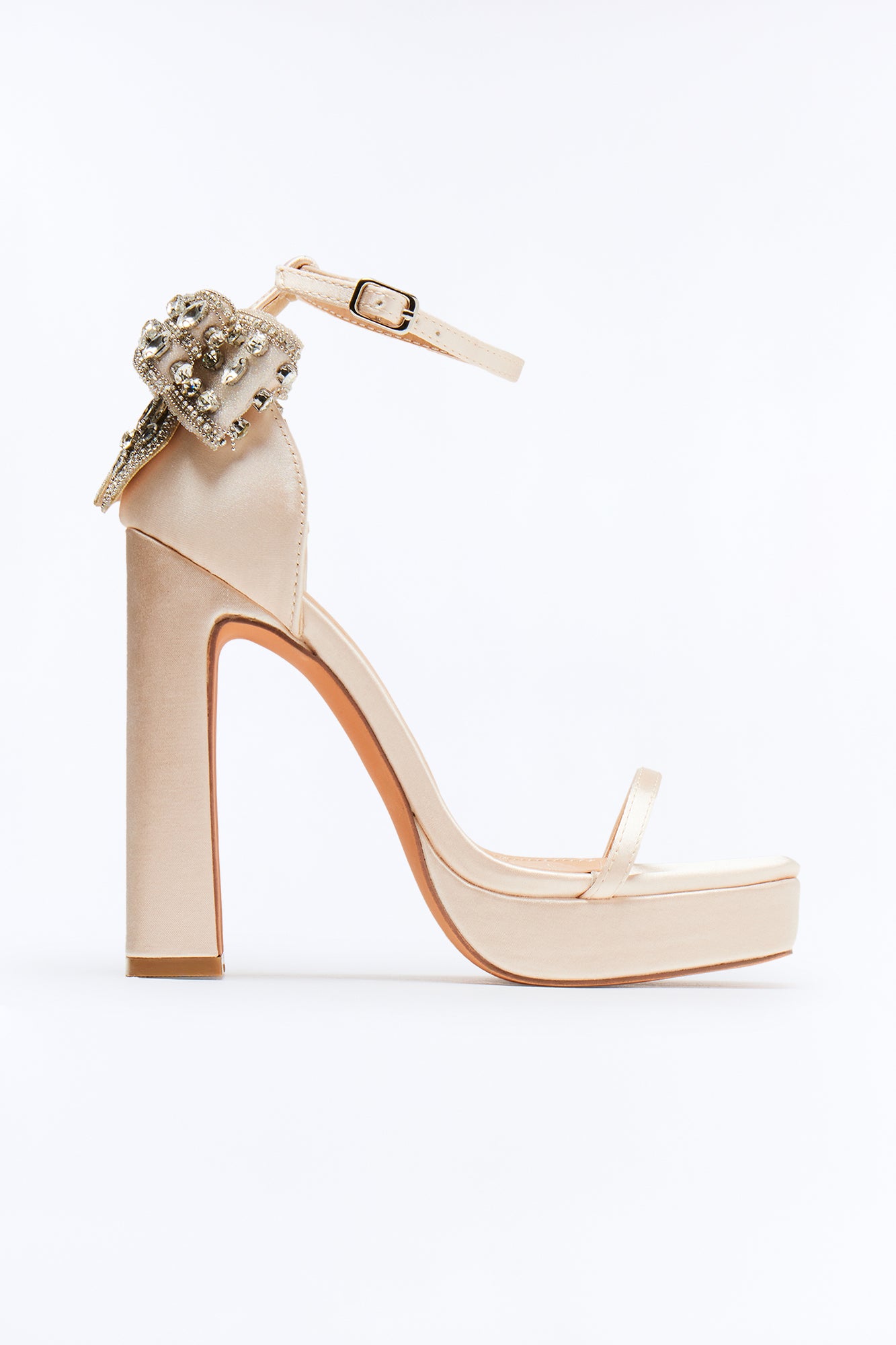 Shreya Rhinestone Bow Satin Heels - Champagne