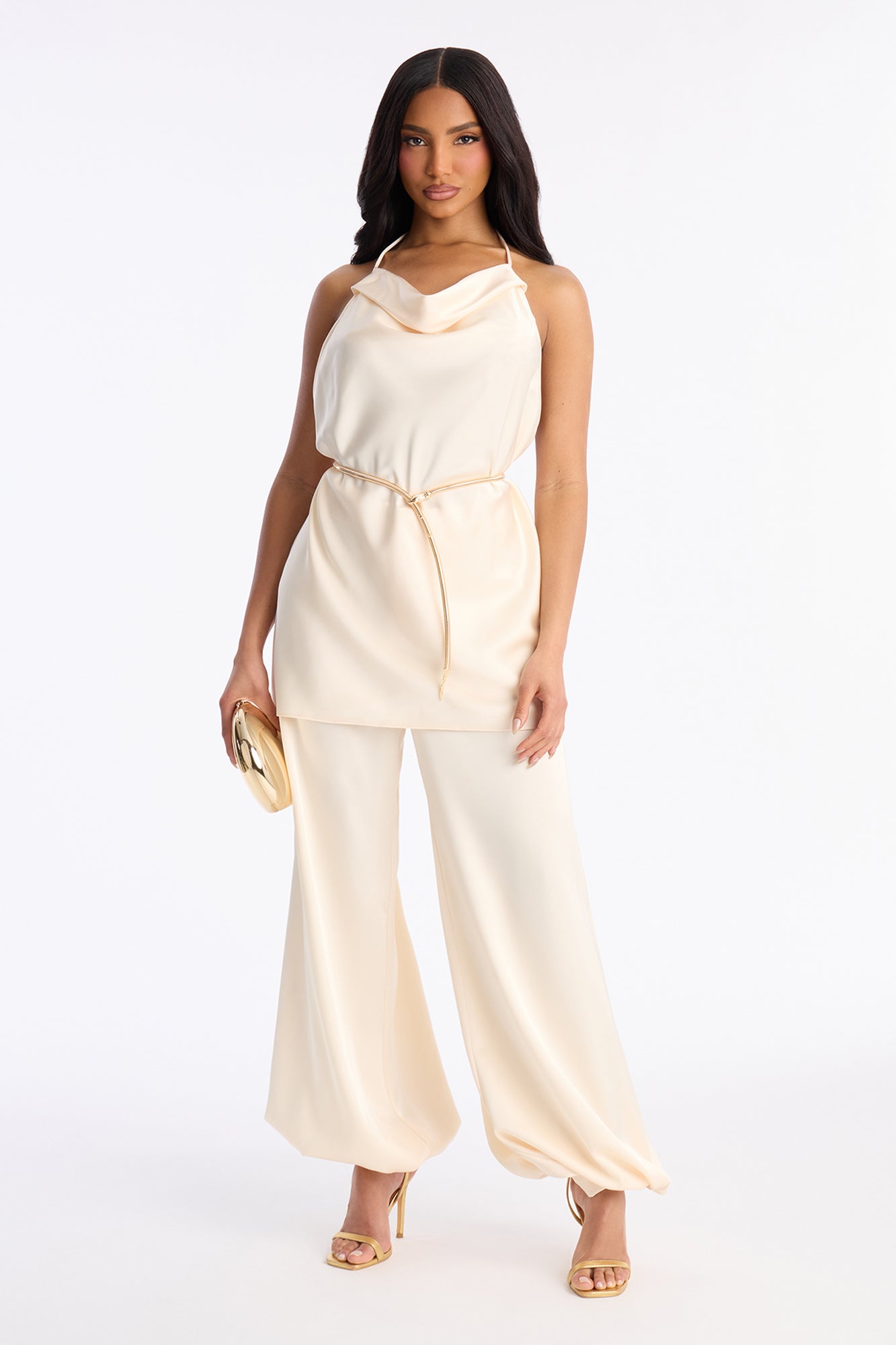 Malu Satin Halter Balloon Pant Set - Cream