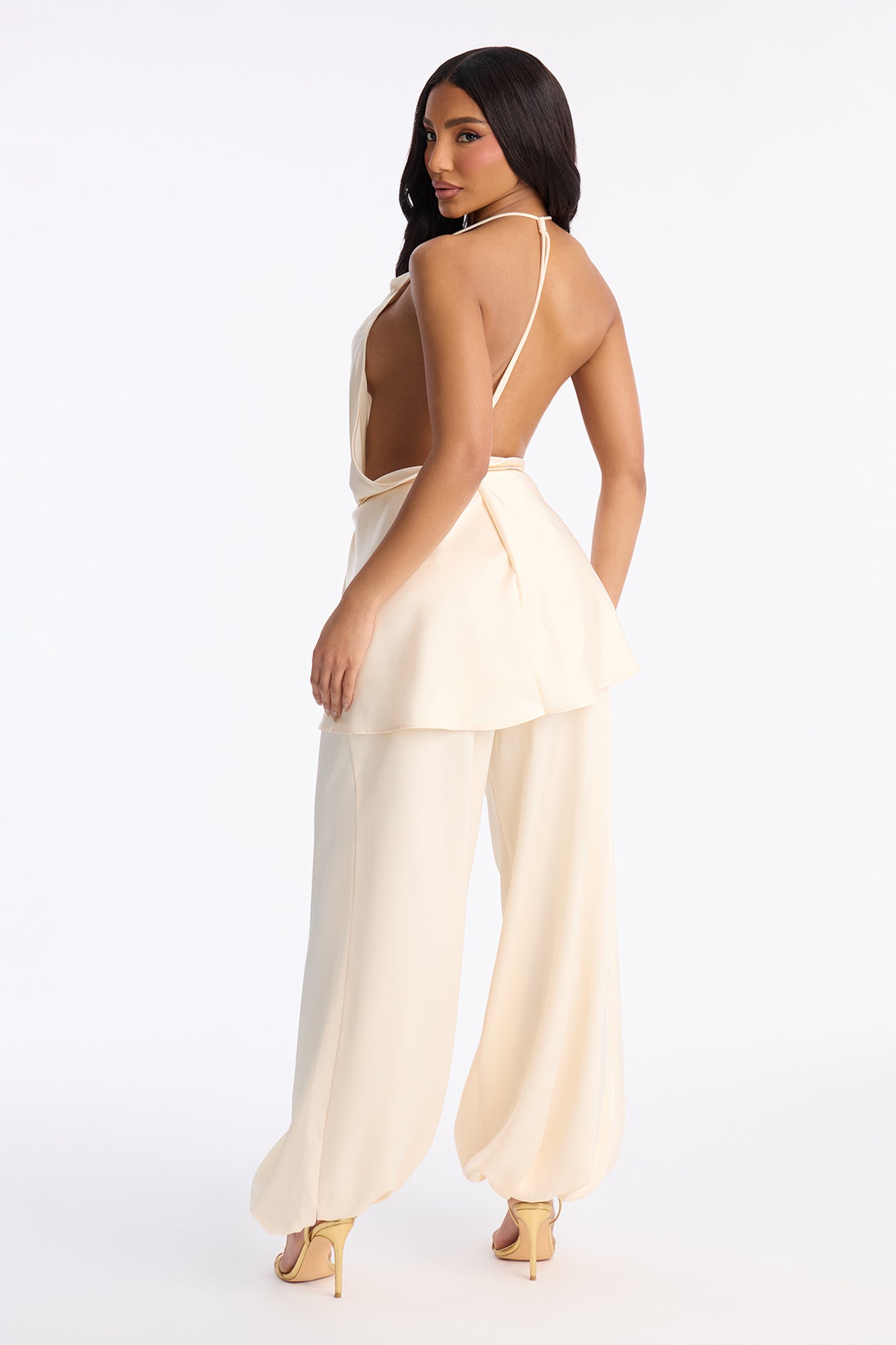 Malu Satin Halter Balloon Pant Set - Cream