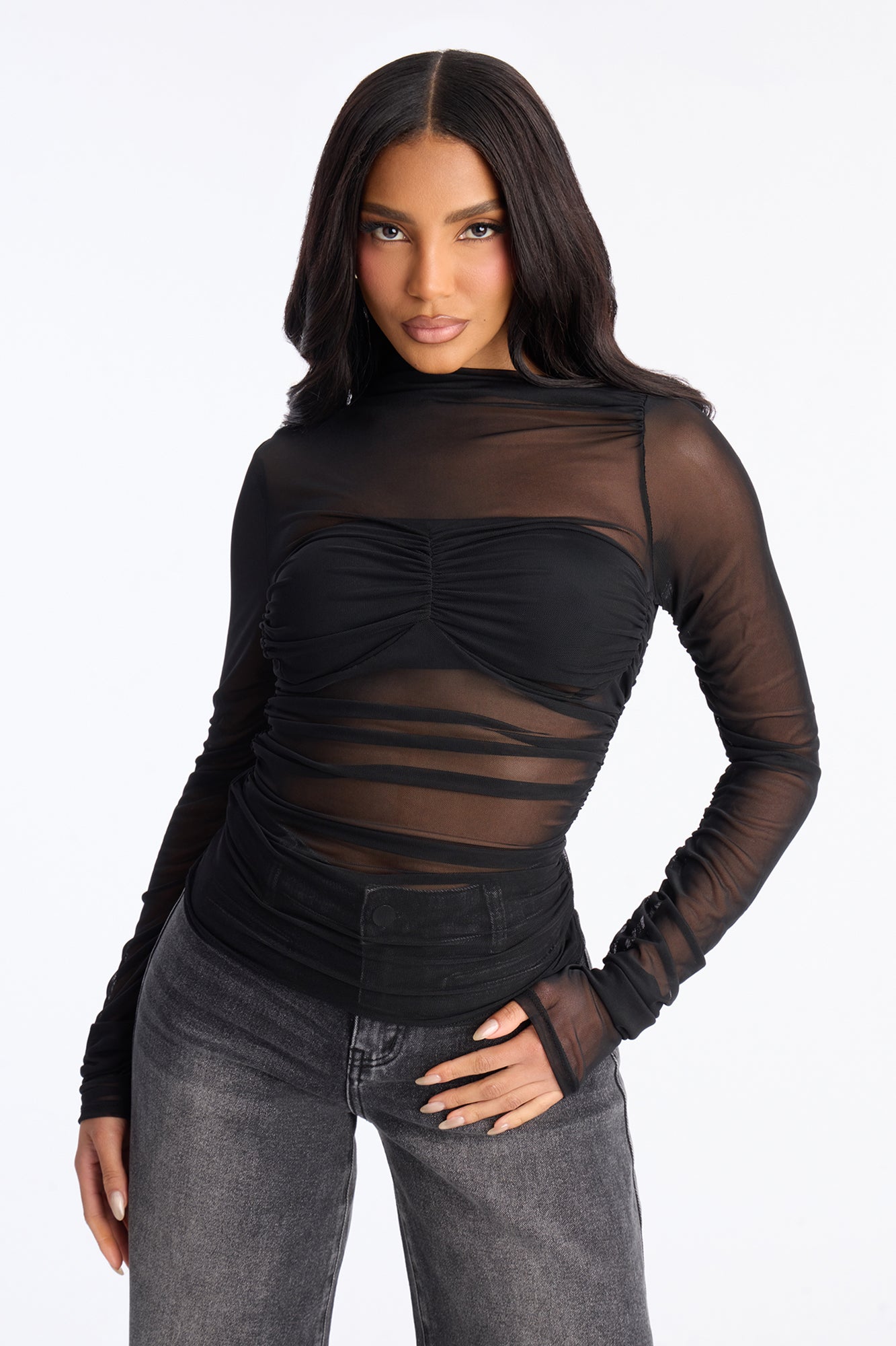 See Right Through You Ruched Mesh Long Sleeve Top - Black