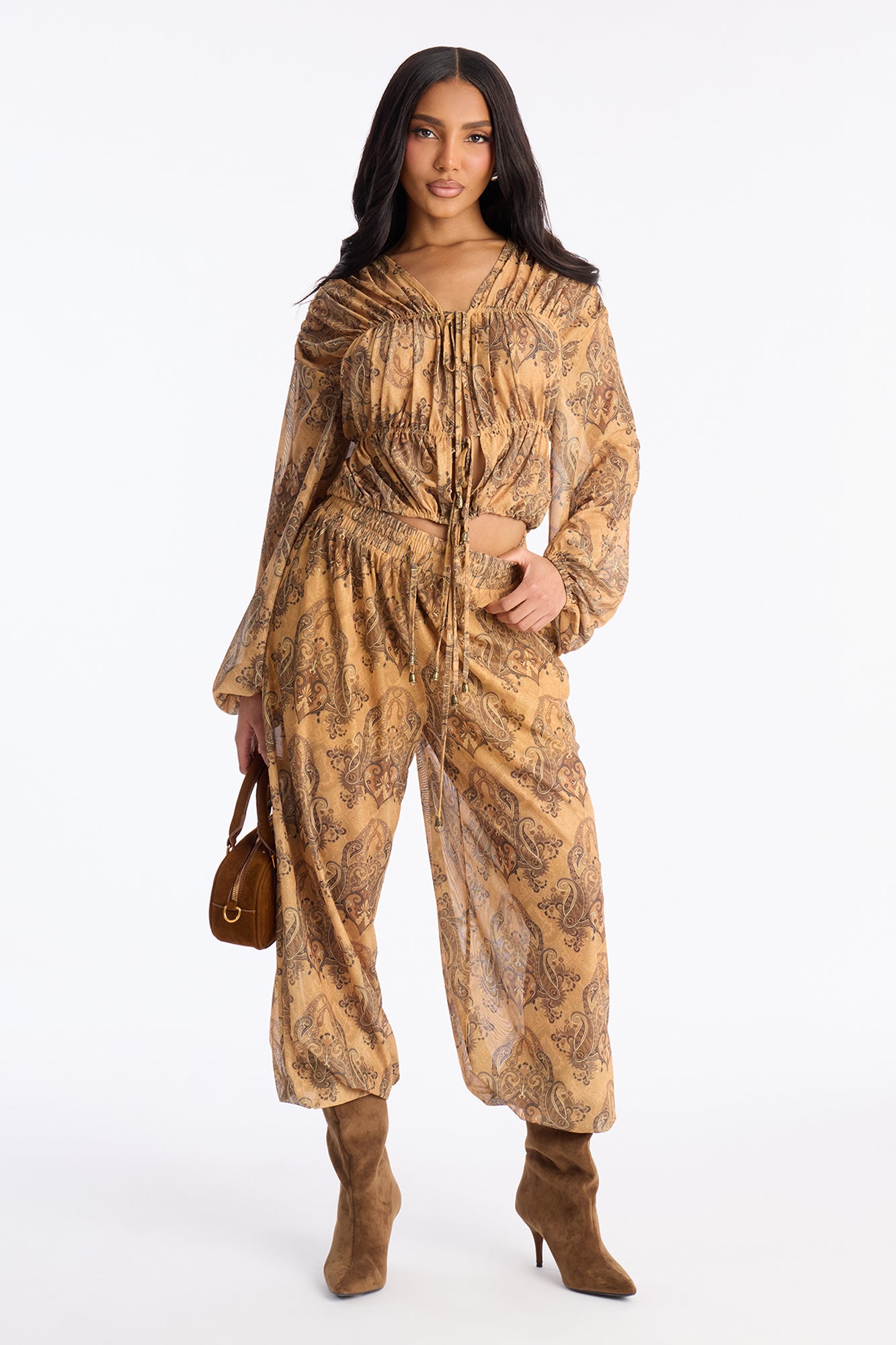Petra Paisley Mesh Pant Set - Mustard