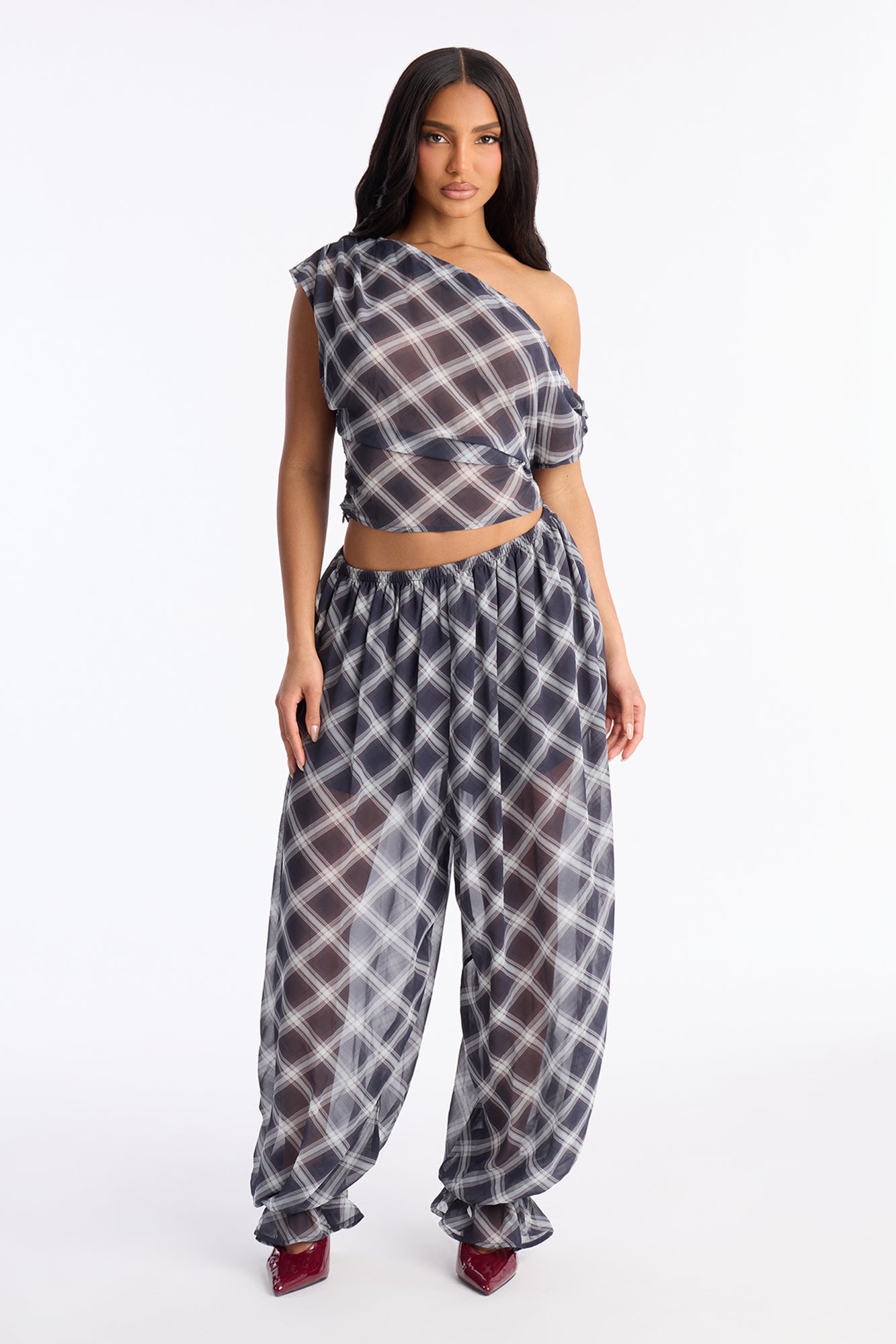 Mina Plaid Chiffon Balloon Pant Set - Navy/combo