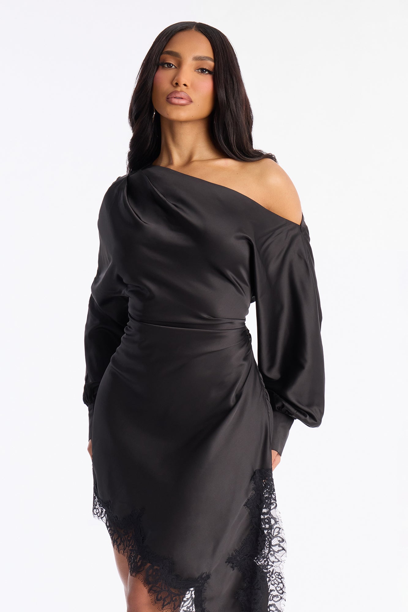 Savannah Asymmetrical Satin Mini Dress - Black