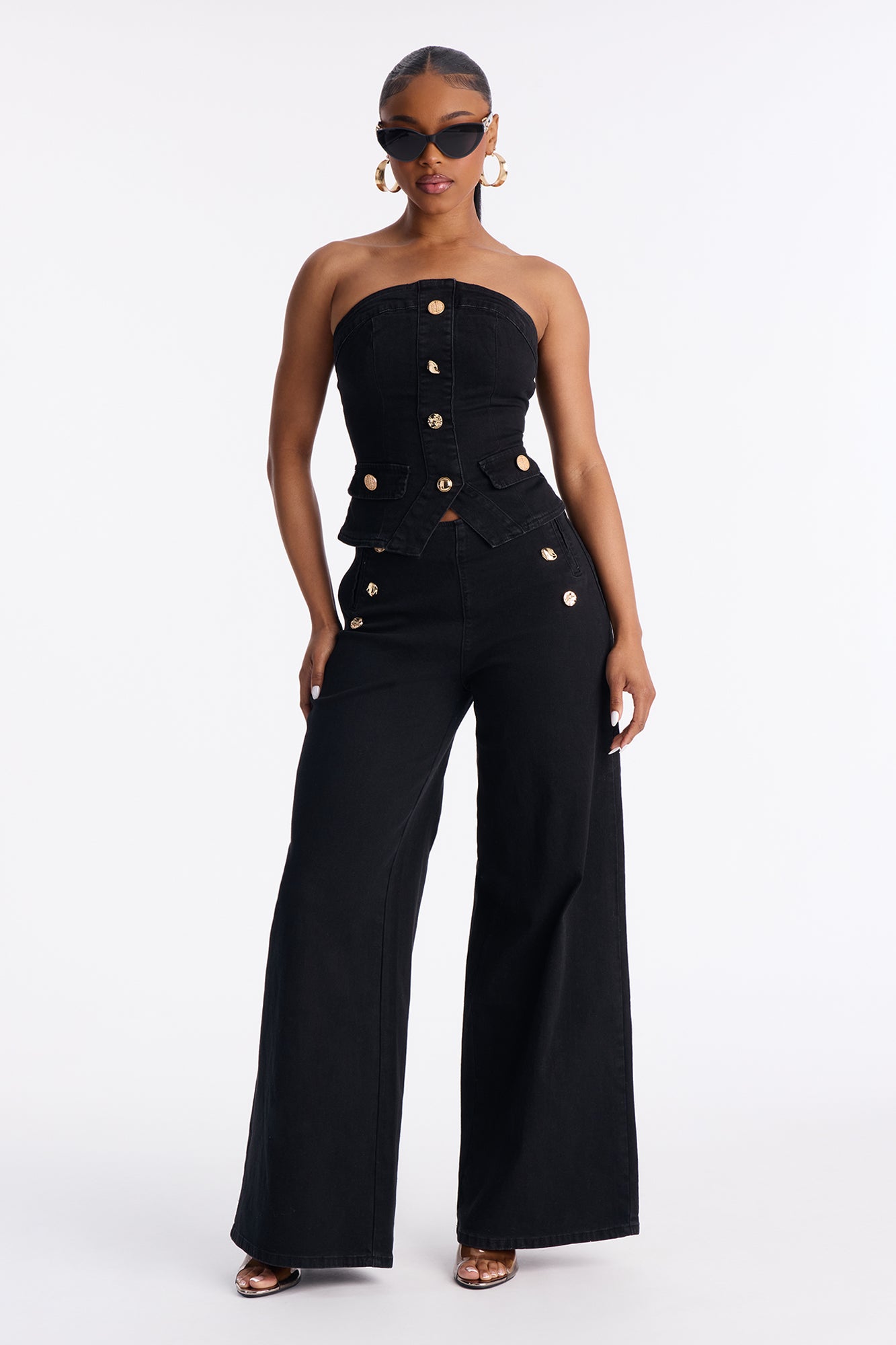 Colette Strapless Denim Pant Set - Black