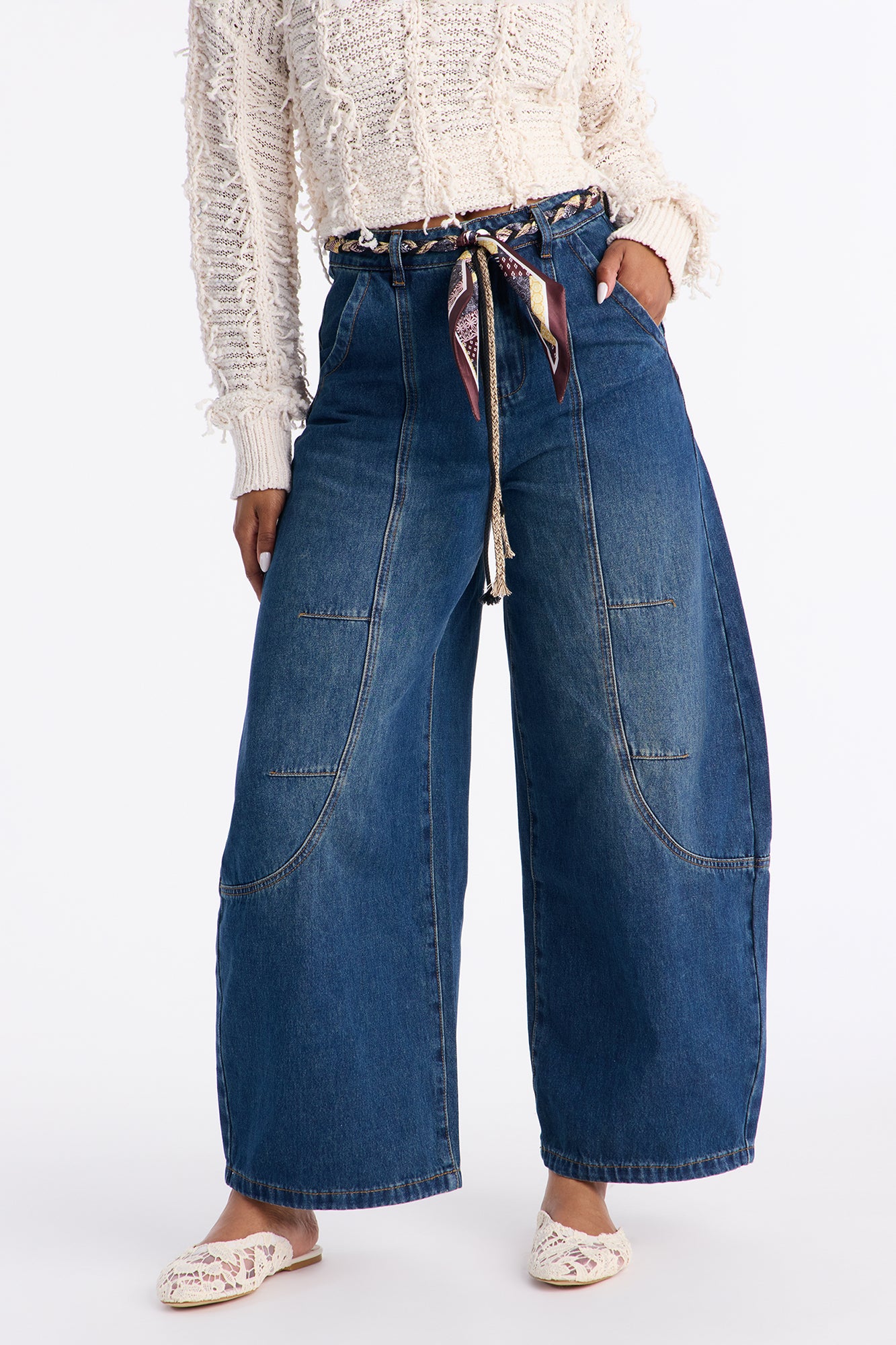 Euro Trip Belted Barrel Leg Jeans - Dark Wash