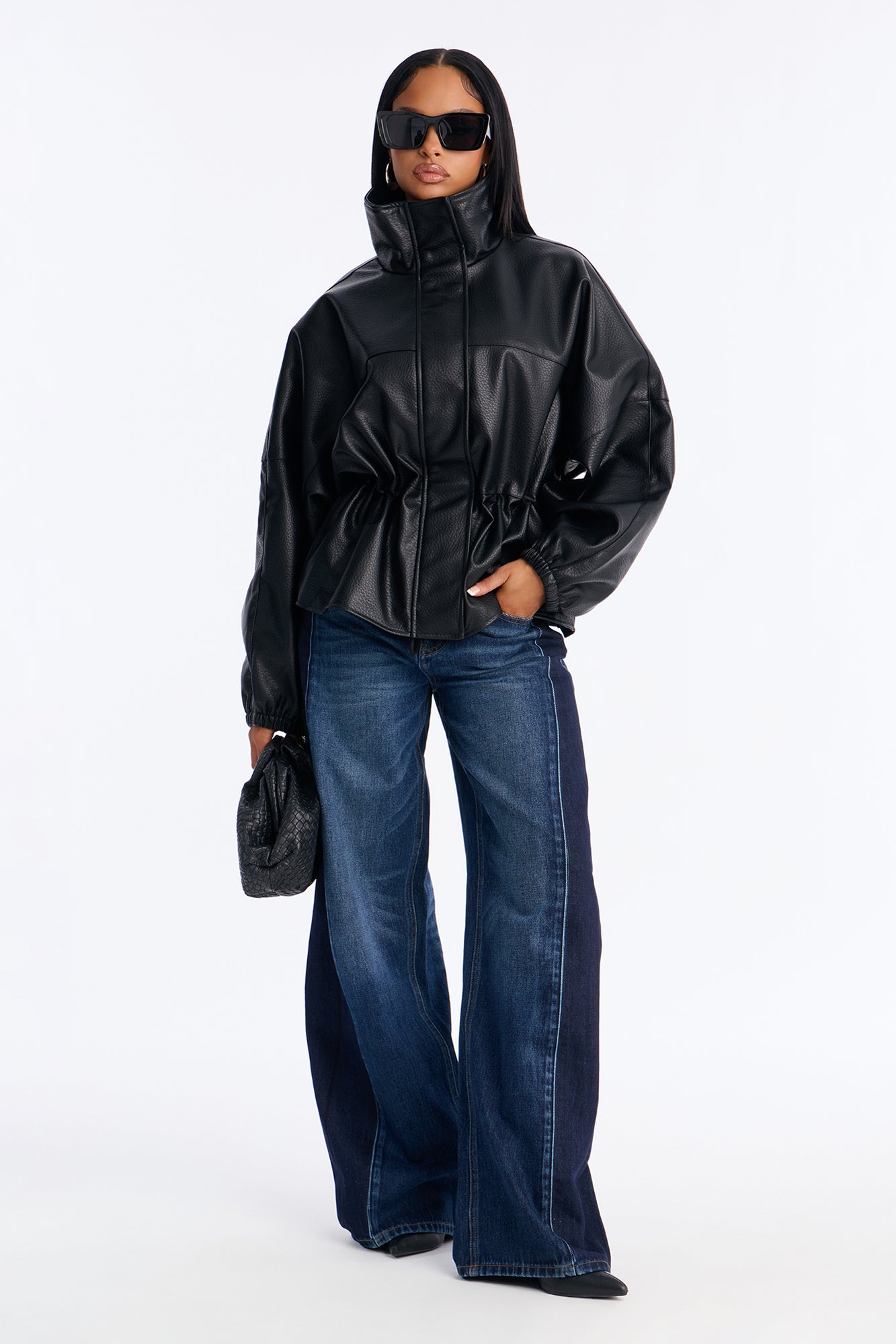 Effortless Funnel Neck Faux Leather Anorak - Black