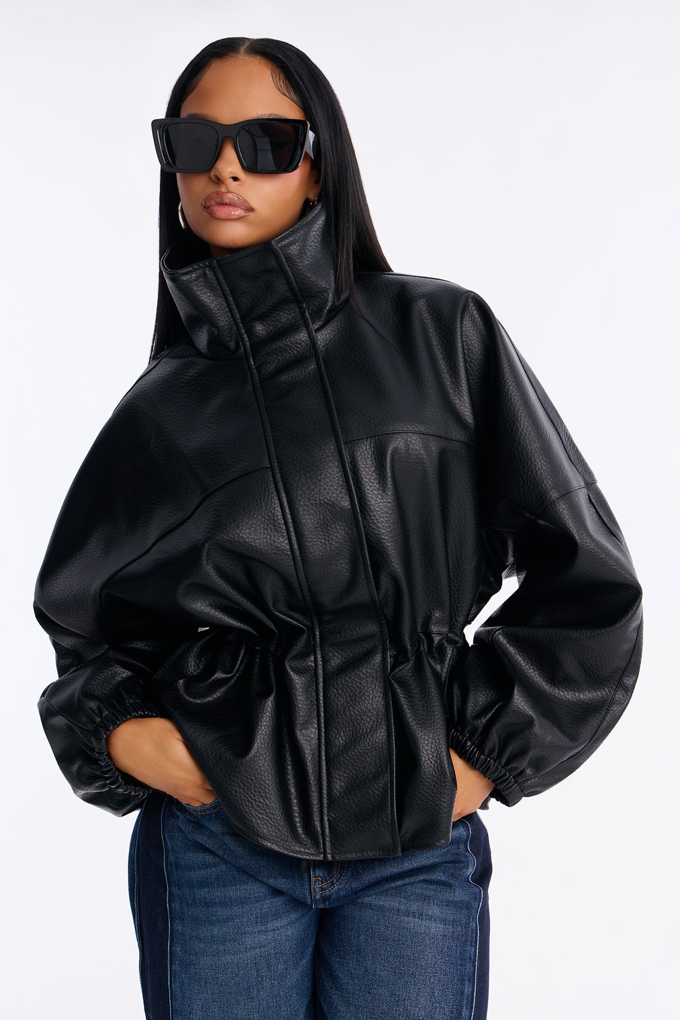 Effortless Funnel Neck Faux Leather Anorak - Black