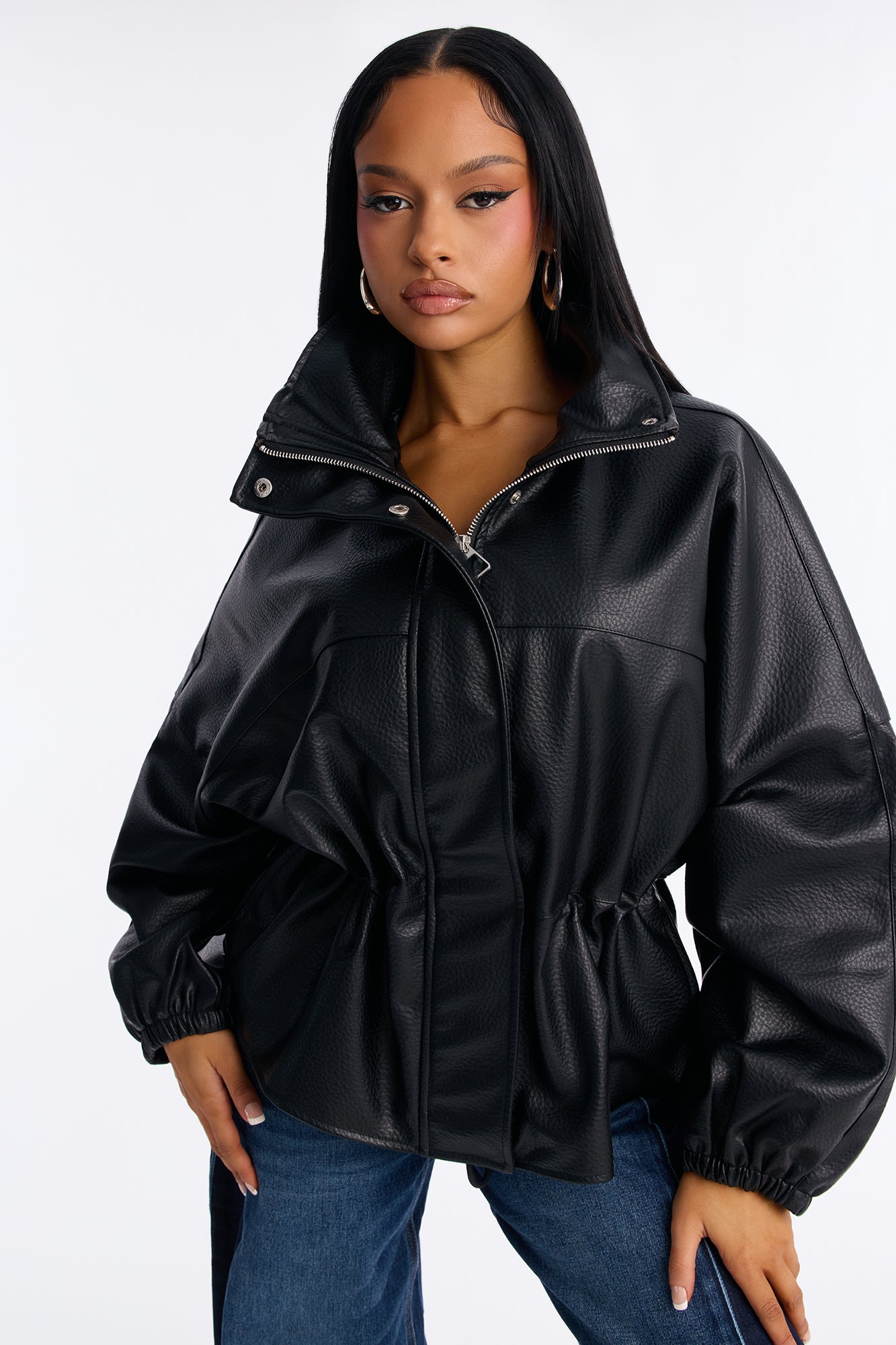 Effortless Funnel Neck Faux Leather Anorak - Black