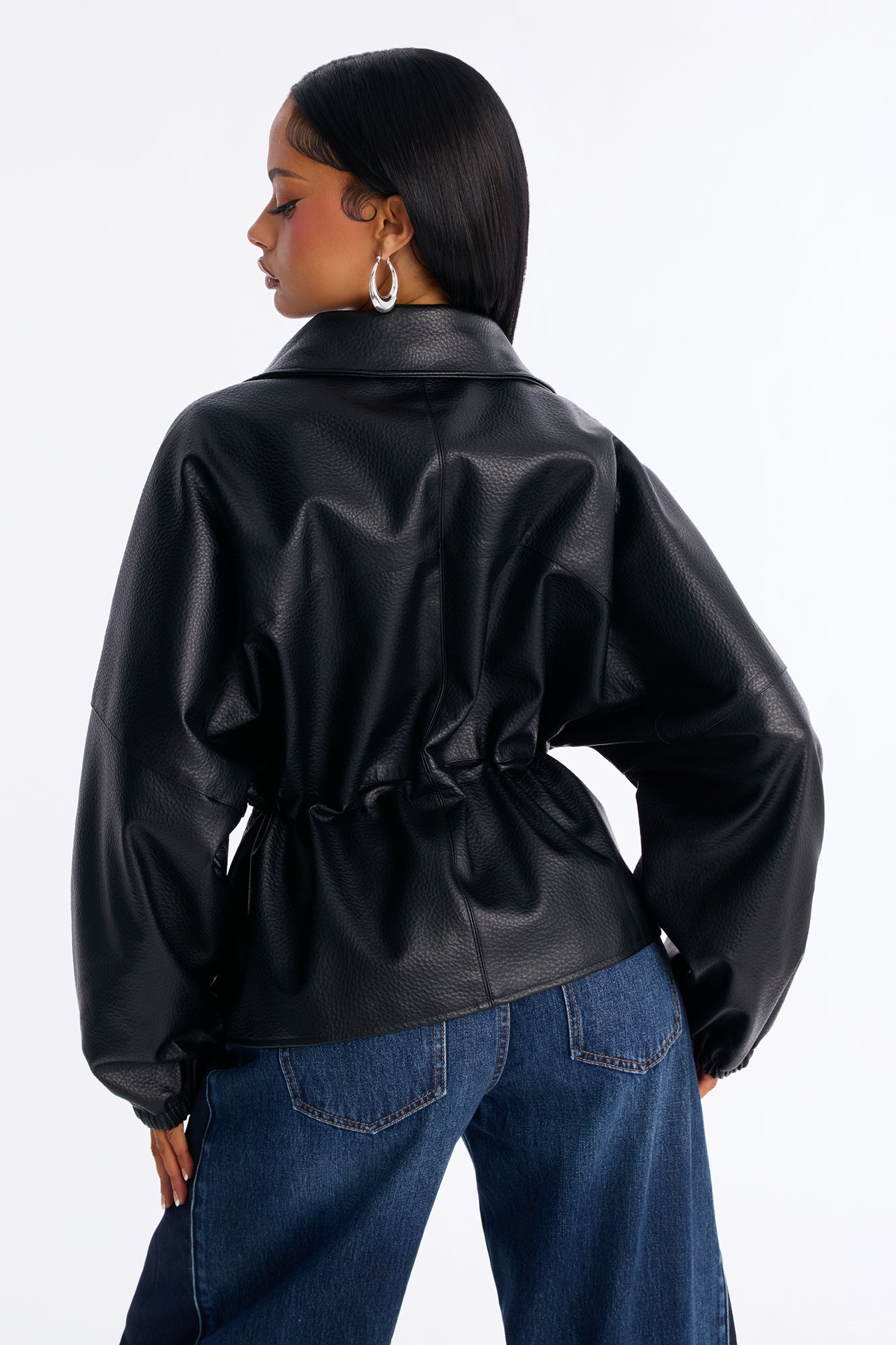Effortless Funnel Neck Faux Leather Anorak - Black