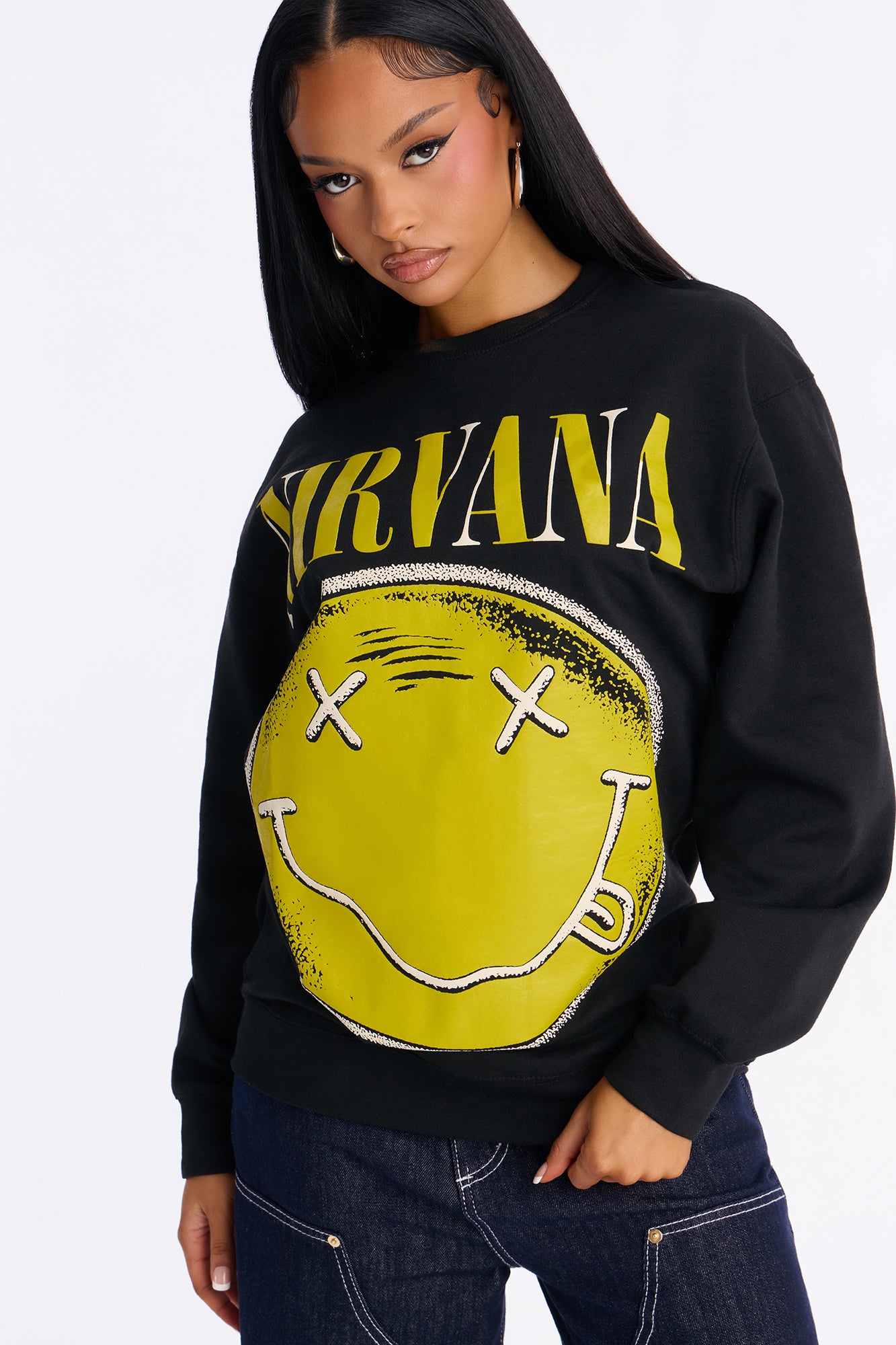 Nirvana Yellow Smiley Crew Fleece Sweatshirt - Black