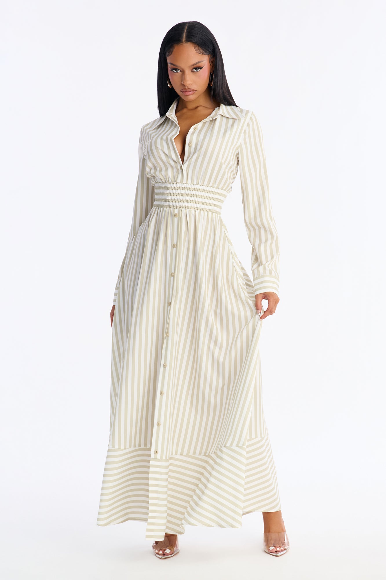 Alison Striped Maxi Shirt Dress - Khaki/combo