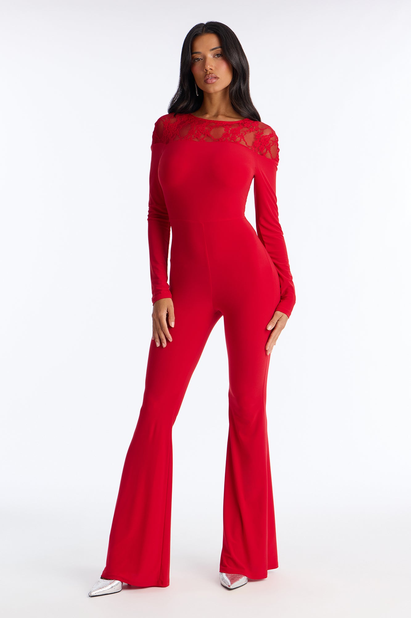 Rosana Lace Trim Flare Leg Jumpsuit - Red