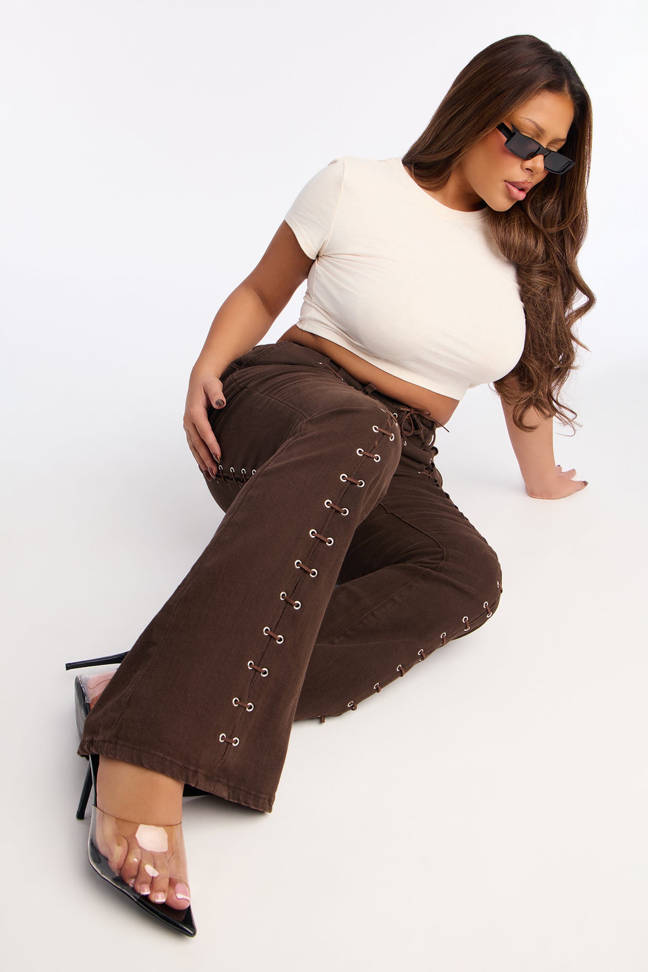 Maddy Lace Up Flare Jeans - Brown