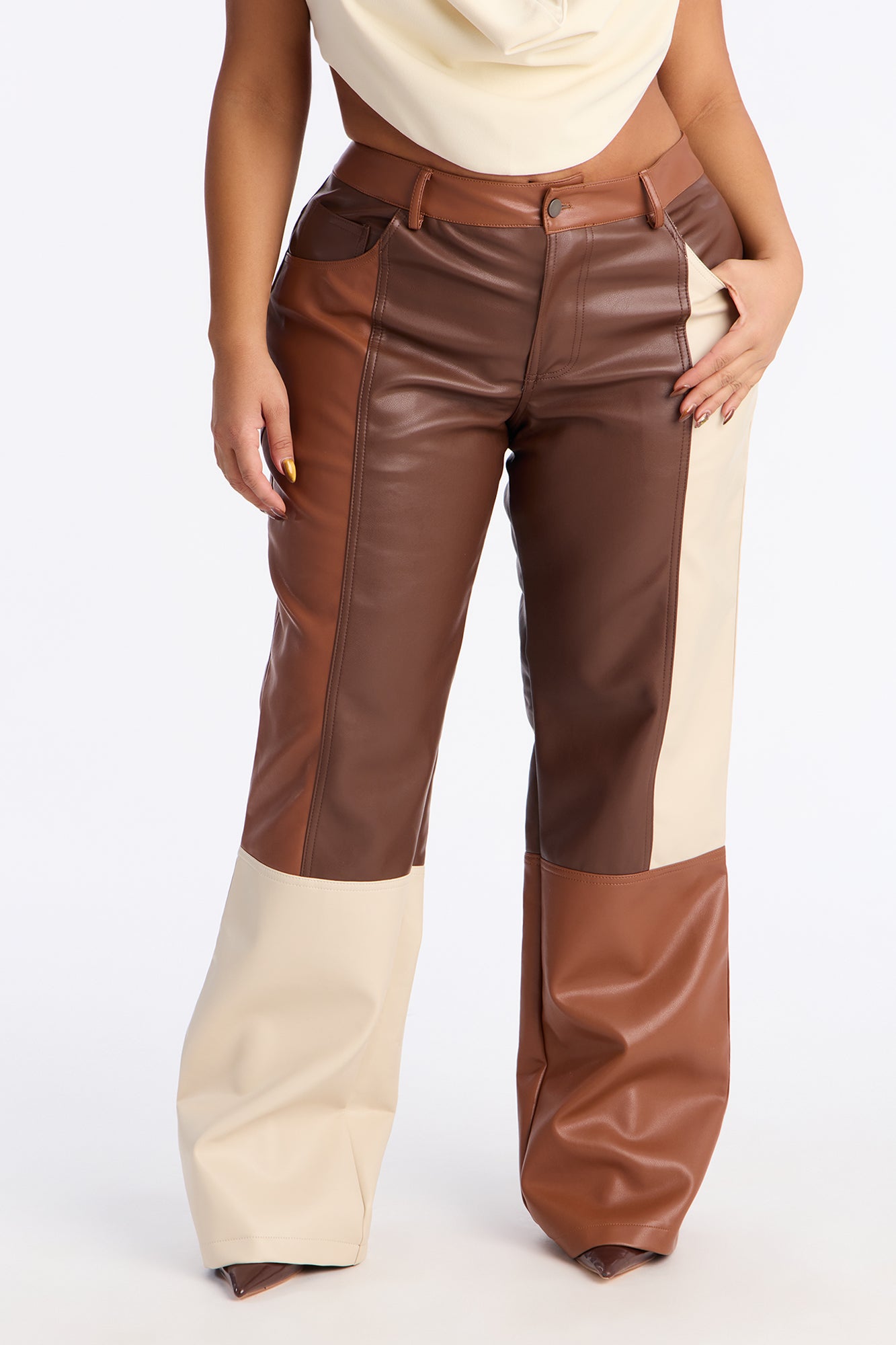 Mixed Feelings Faux Leather Straight Leg Pant 32″ - Brown/combo