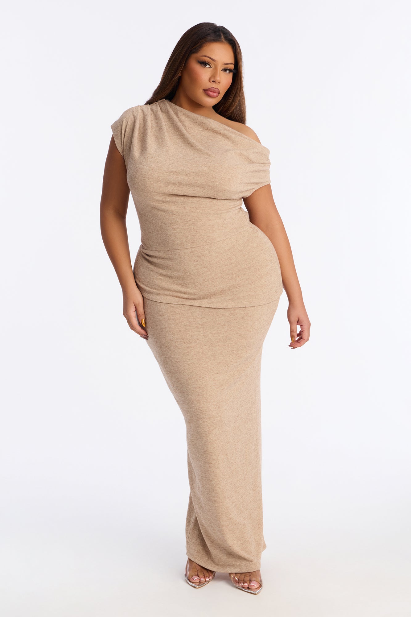 Alana One Shoulder Sweater Maxi Dress - Taupe