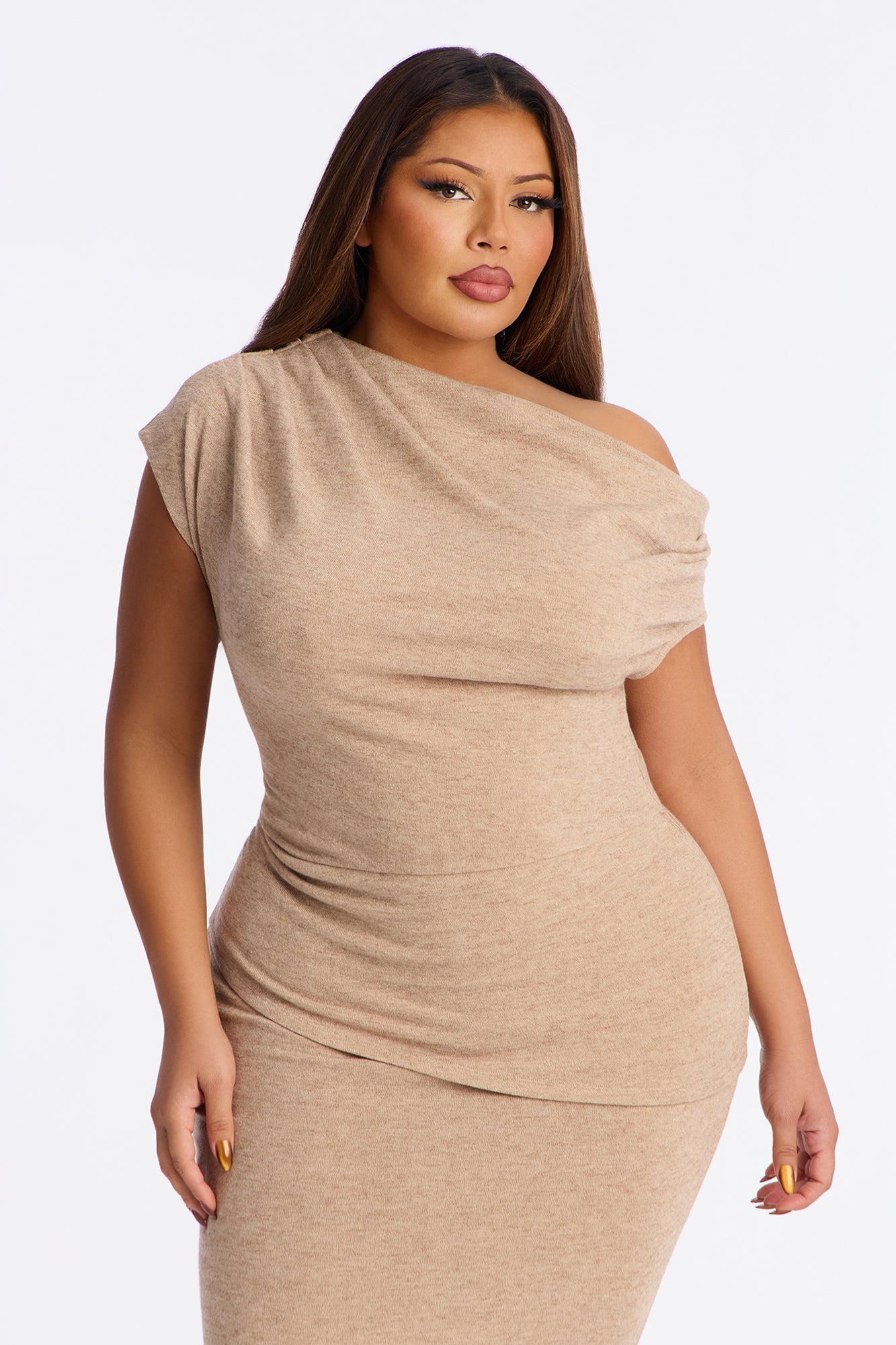 Alana One Shoulder Sweater Maxi Dress - Taupe