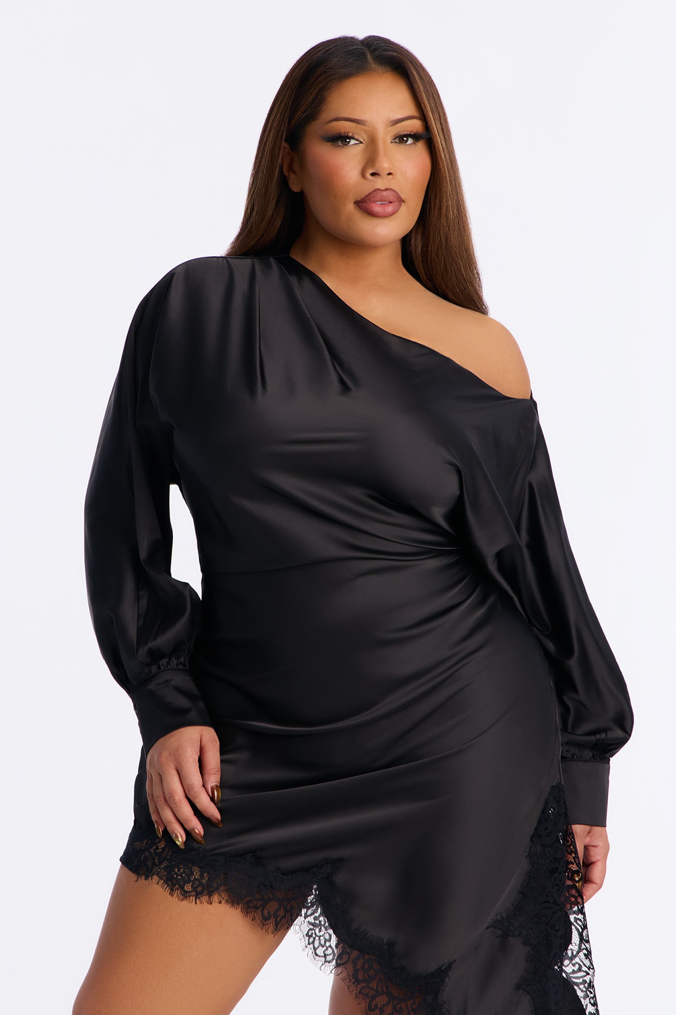 Savannah Asymmetrical Satin Mini Dress - Black