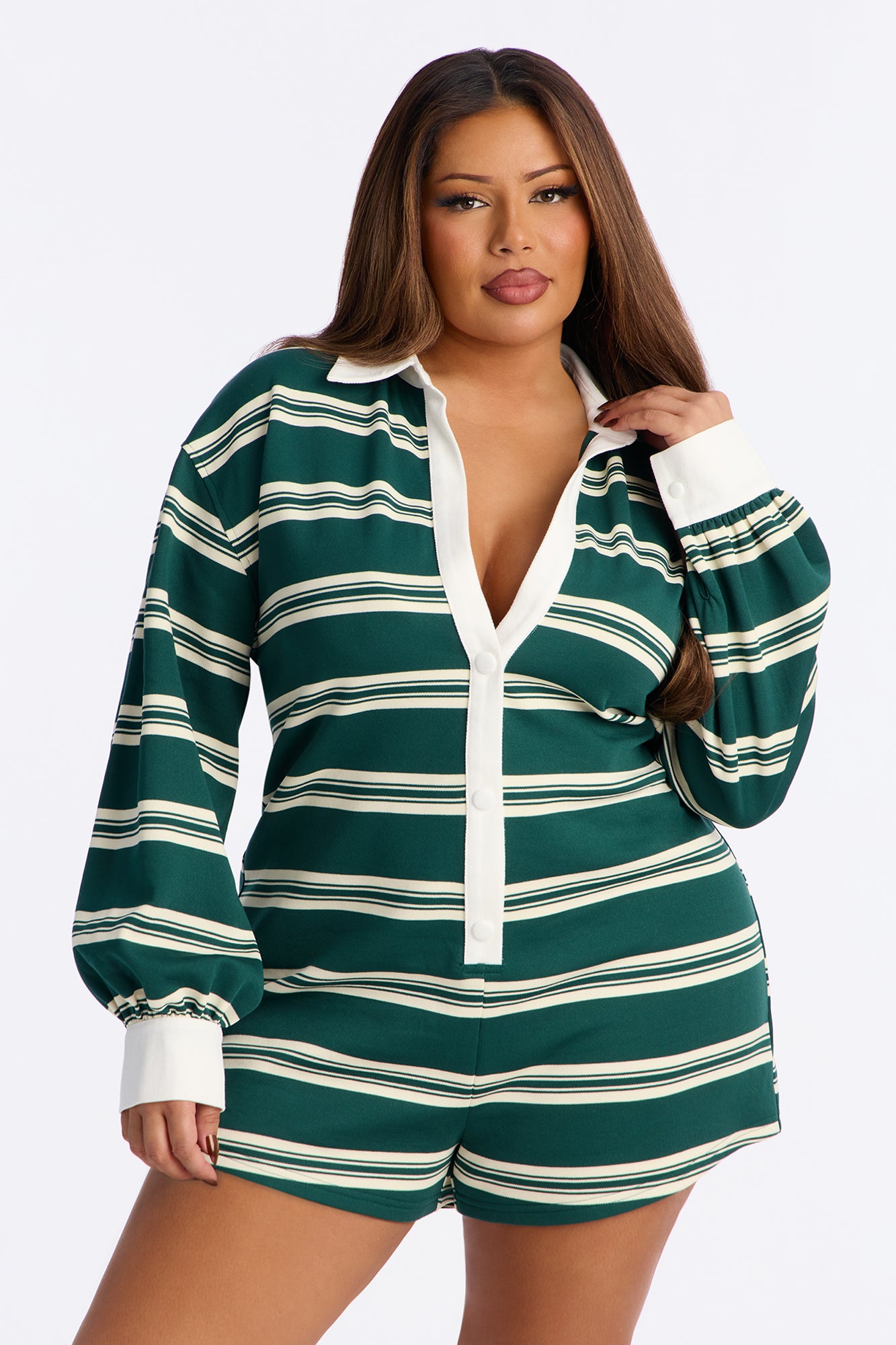 Kyla Striped Polo Romper - Green