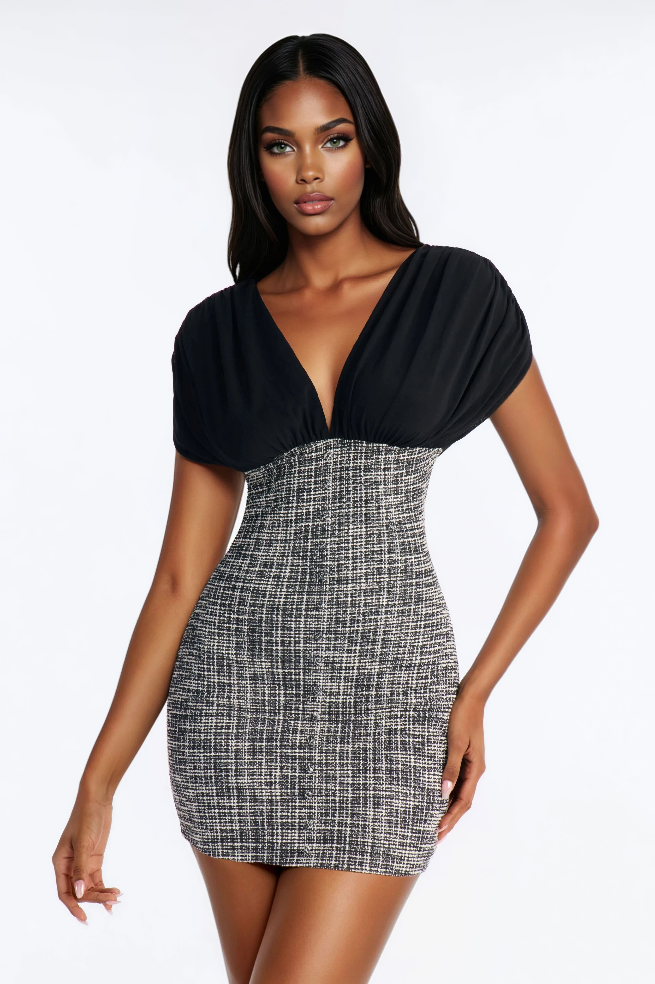 Coraline Short Sleeve Tweed Mini Dress - Black