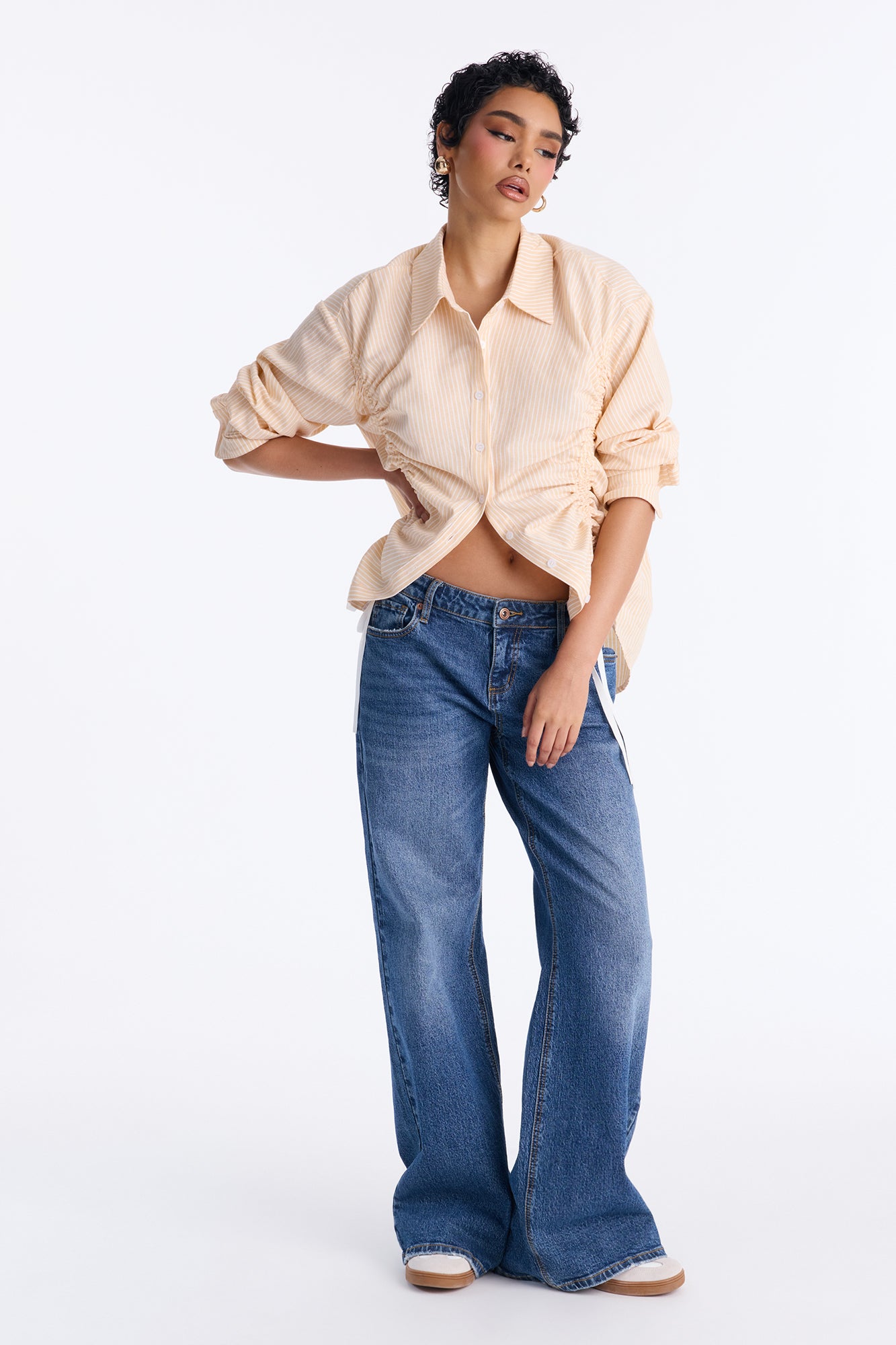 Maisie Drawstring Striped Side Ruched Shirt - Yellow/combo