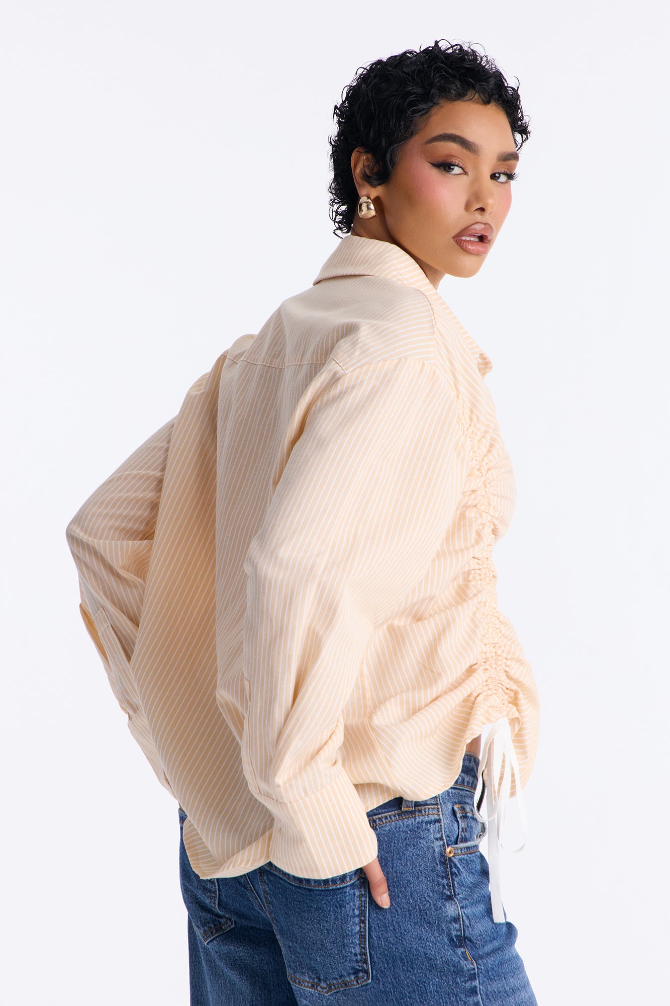 Maisie Drawstring Striped Side Ruched Shirt - Yellow/combo