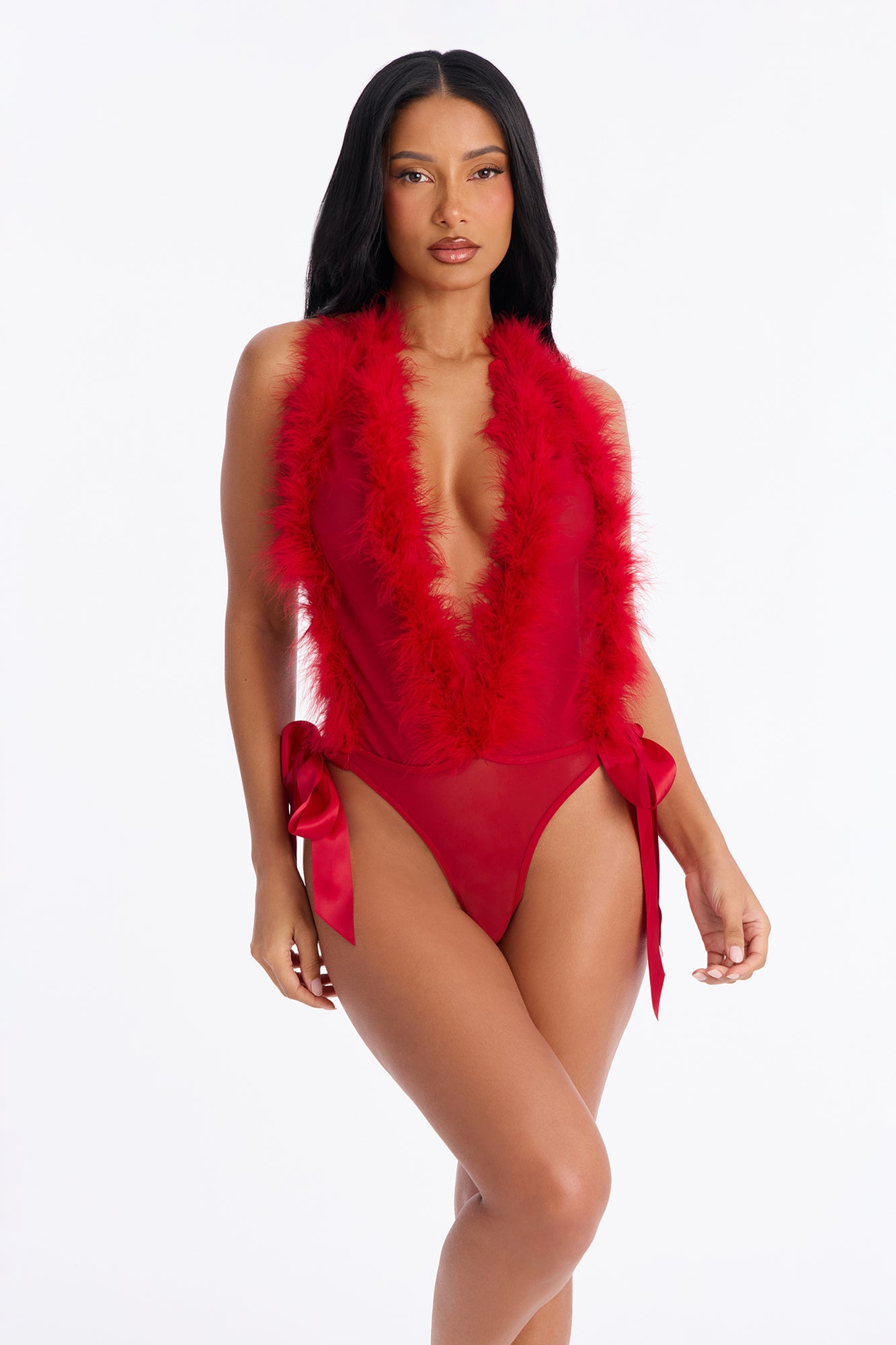 Love Me Down Mesh Marabou Teddy - Red