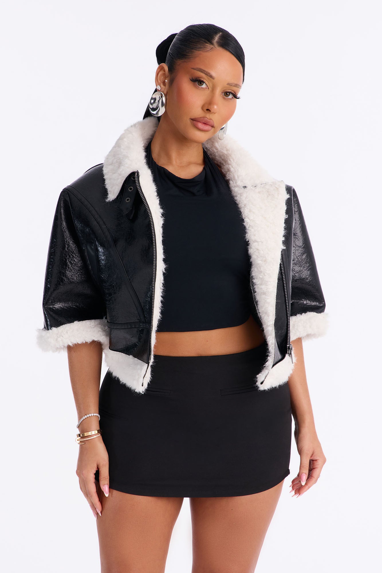 She's Sassy Short Sleeve Faux Leather Cropped Moto Jacket - Black