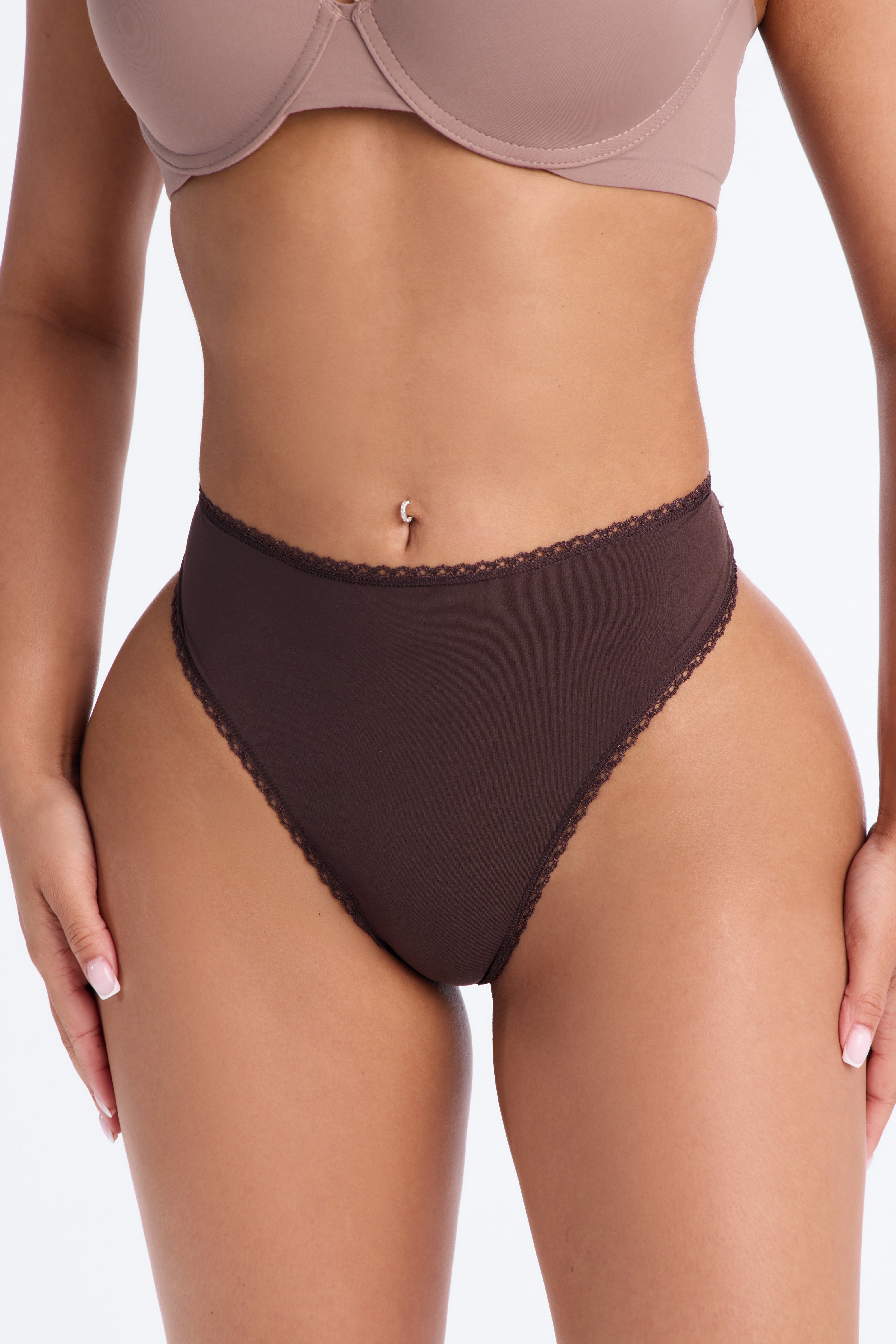 Let Me Live Lace Trim Thong Panty - Chocolate