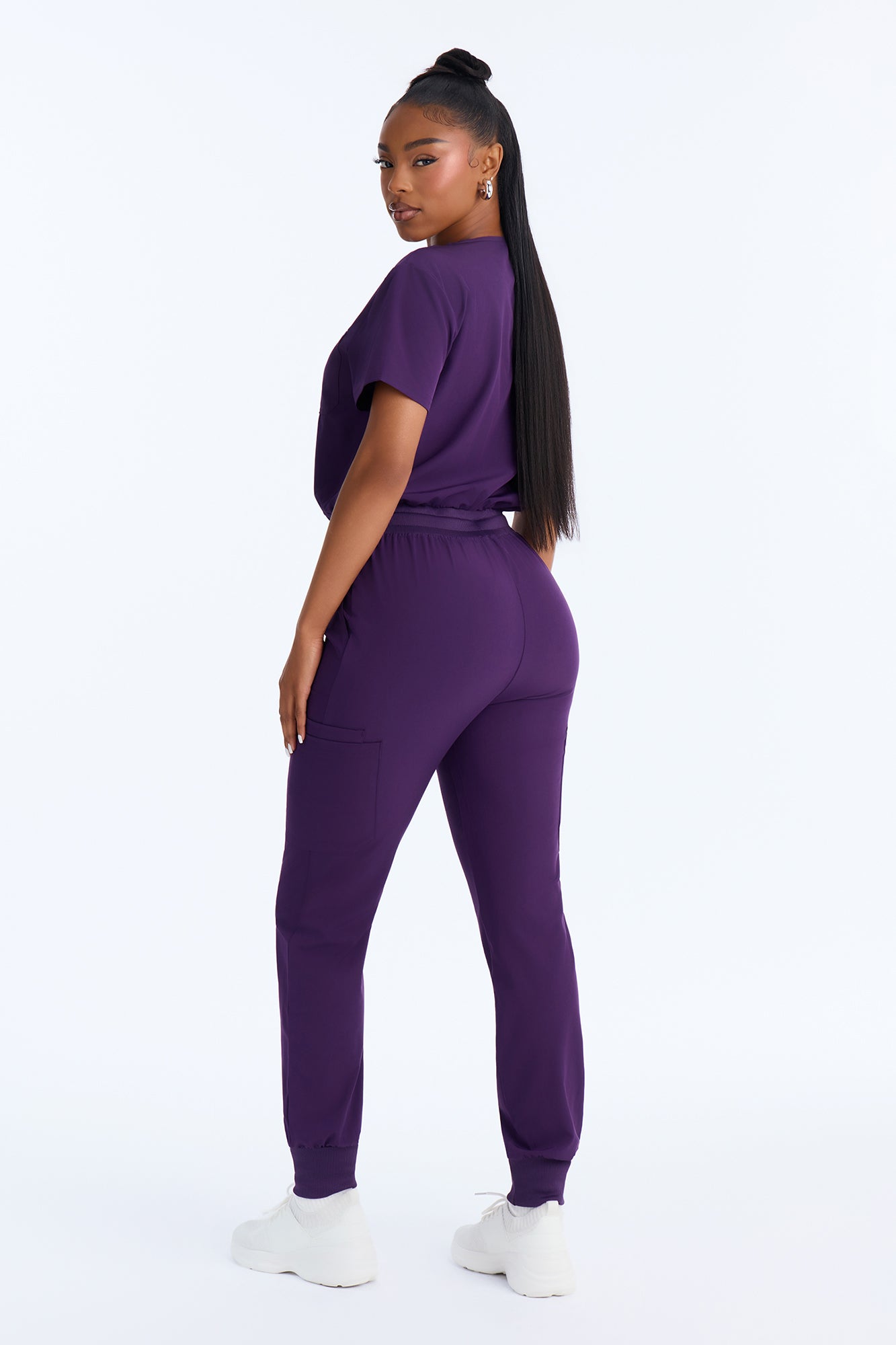 Full Shift Stretch Jogger Scrub Uniform Jumpsuit - Eggplant