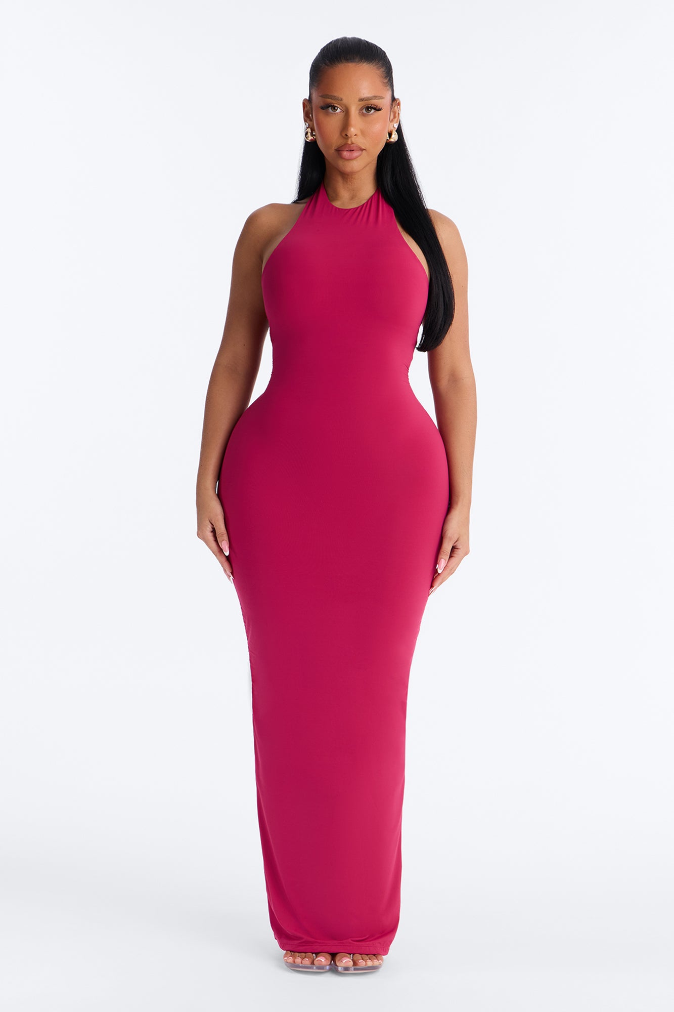 Second Skin Bra Pad Sleeveless Halter Maxi Dress - Raspberry