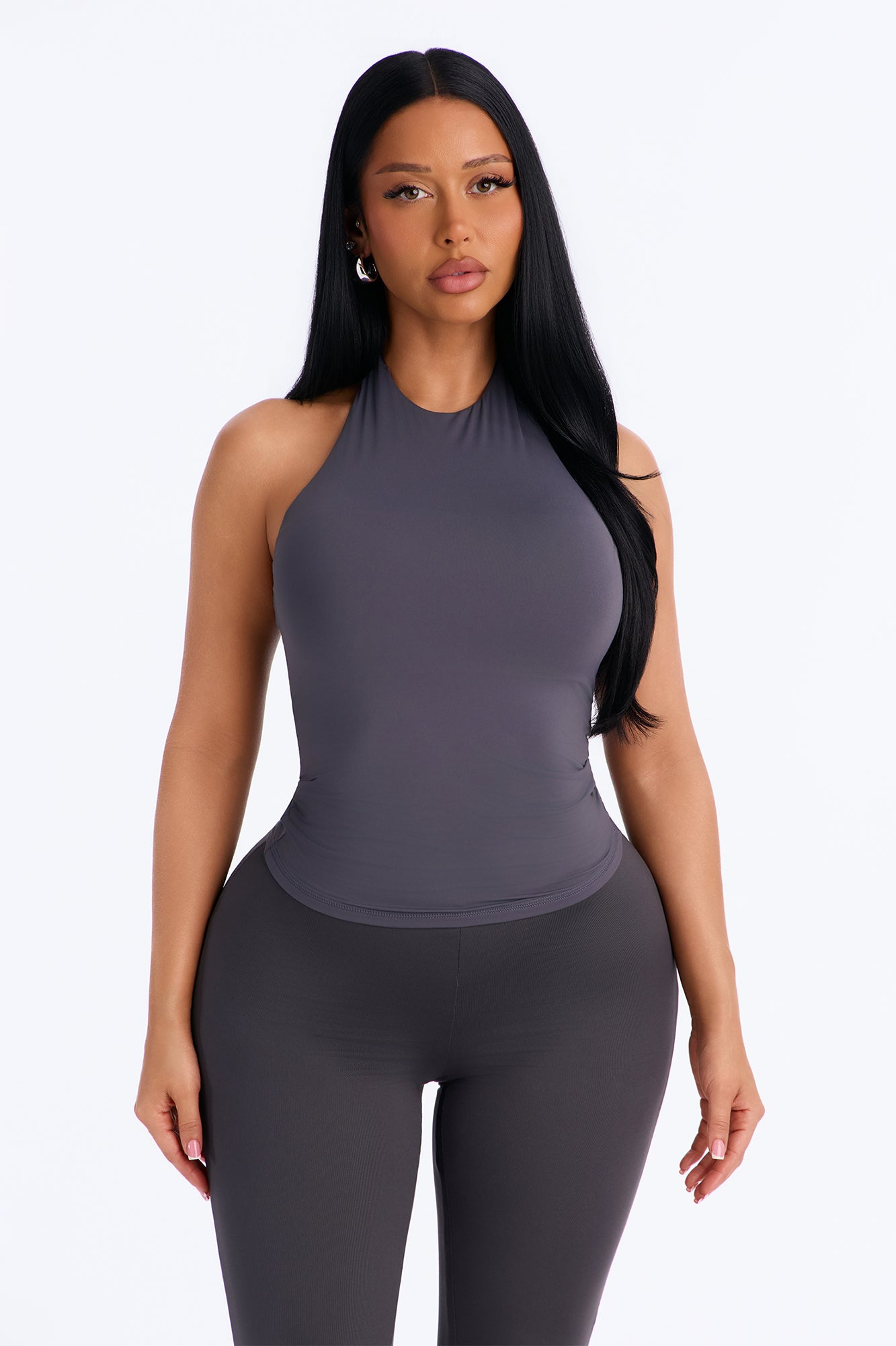 Second Skin Bra Pad Sleeveless Halter Top - Charcoal