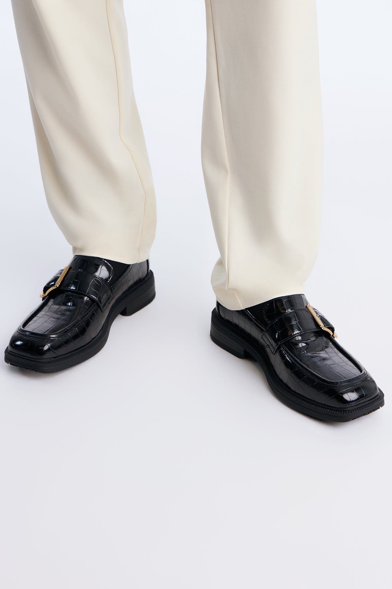 Buckled Croc Faux Leather Slip On Loafer - Black