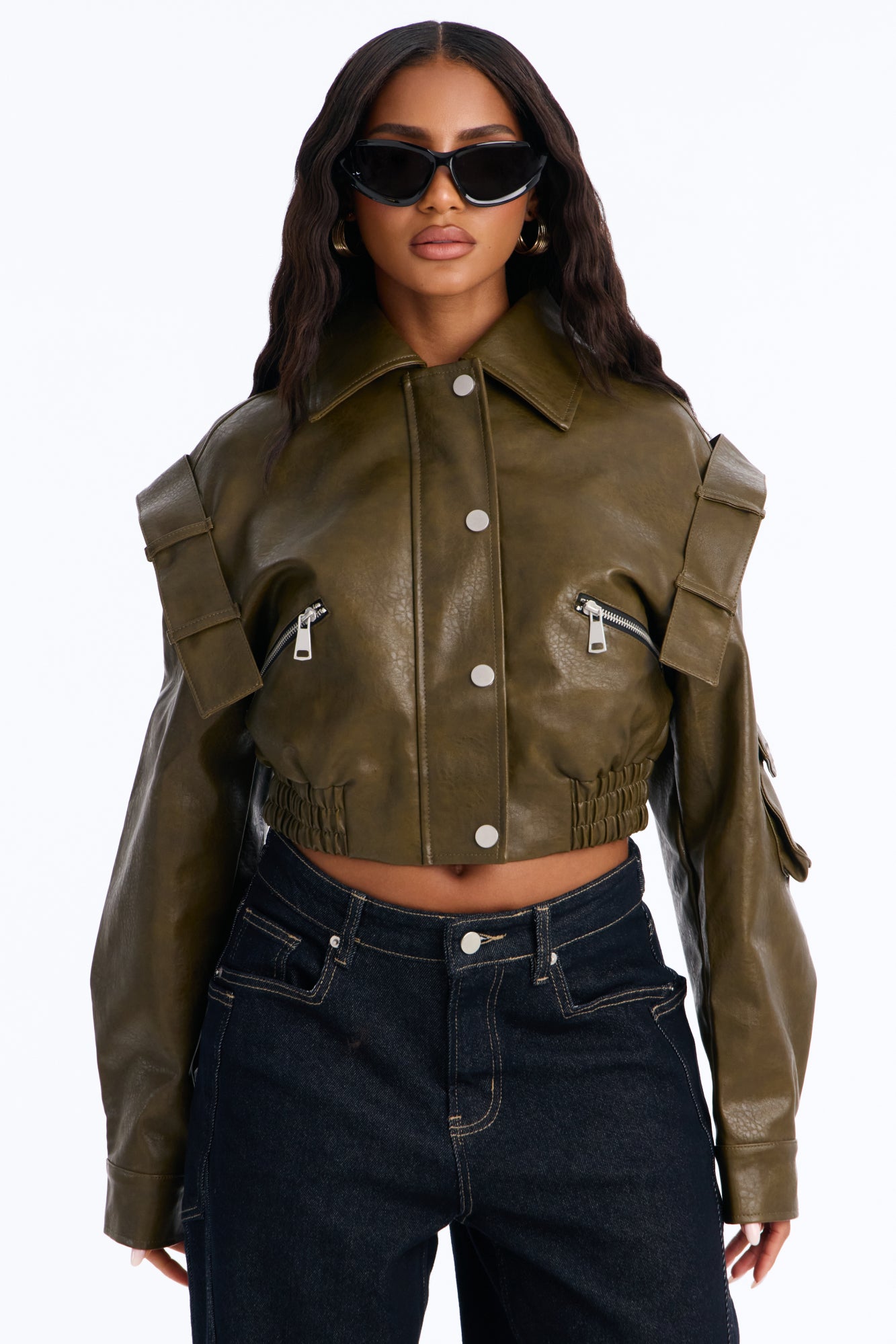 Harper Washed Faux Leather Jacket - Olive