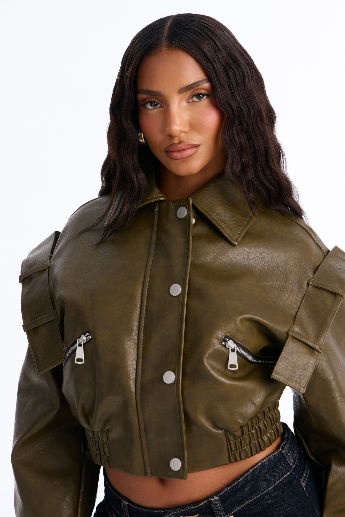 Harper Washed Faux Leather Jacket - Olive