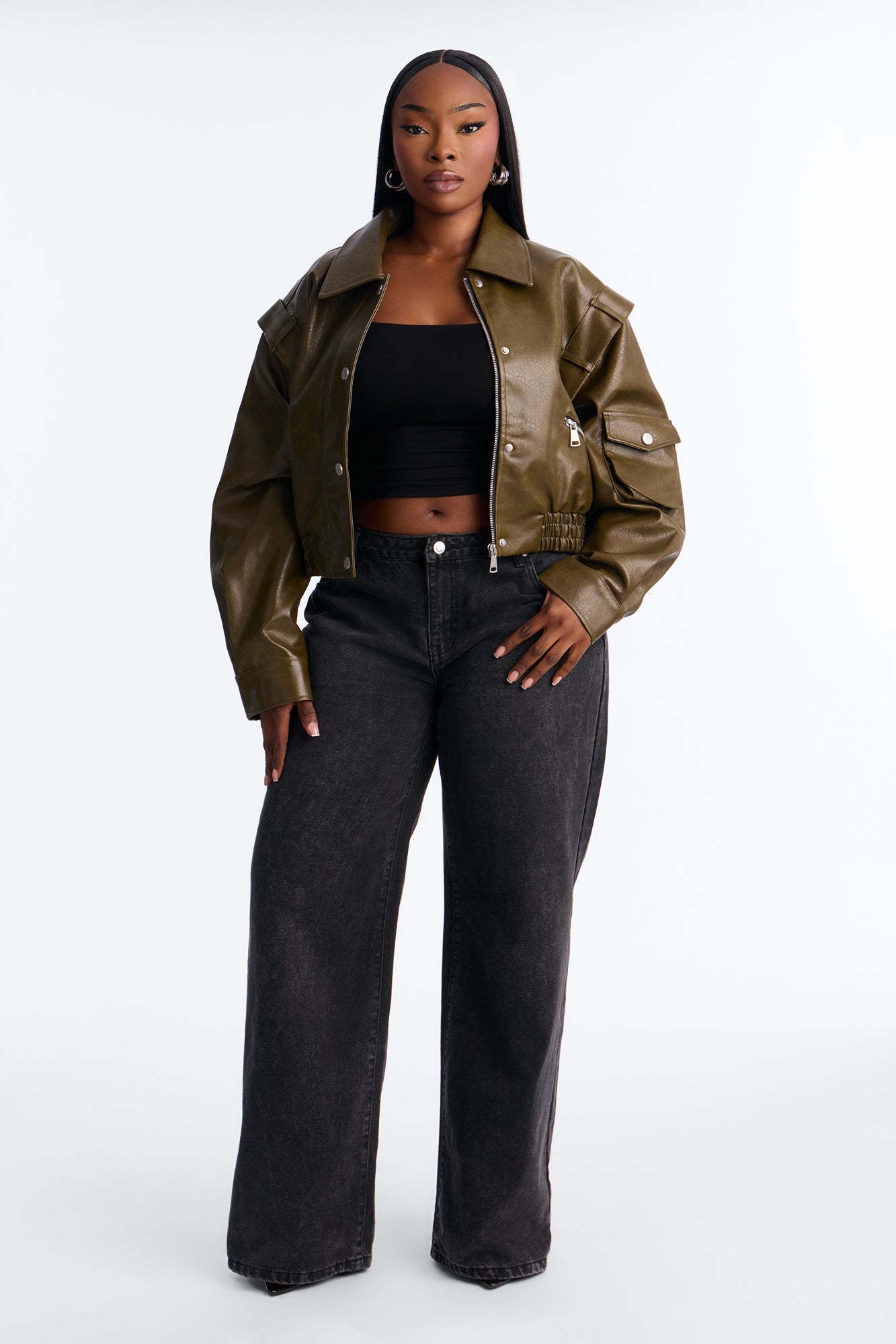 Harper Washed Faux Leather Jacket - Olive