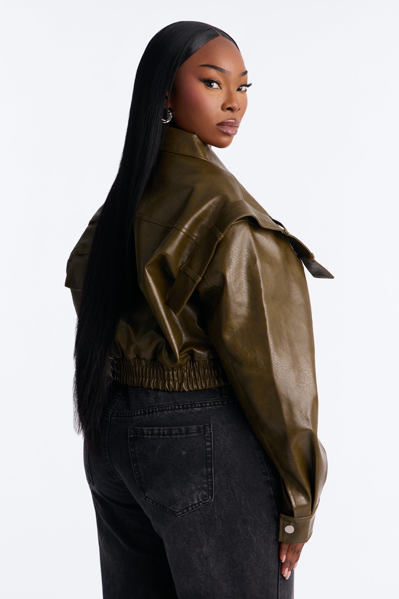 Harper Washed Faux Leather Jacket - Olive