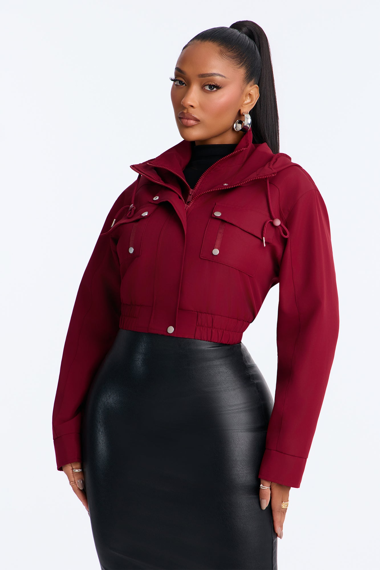 Kelsie Hooded Cropped Jacket - Burgundy