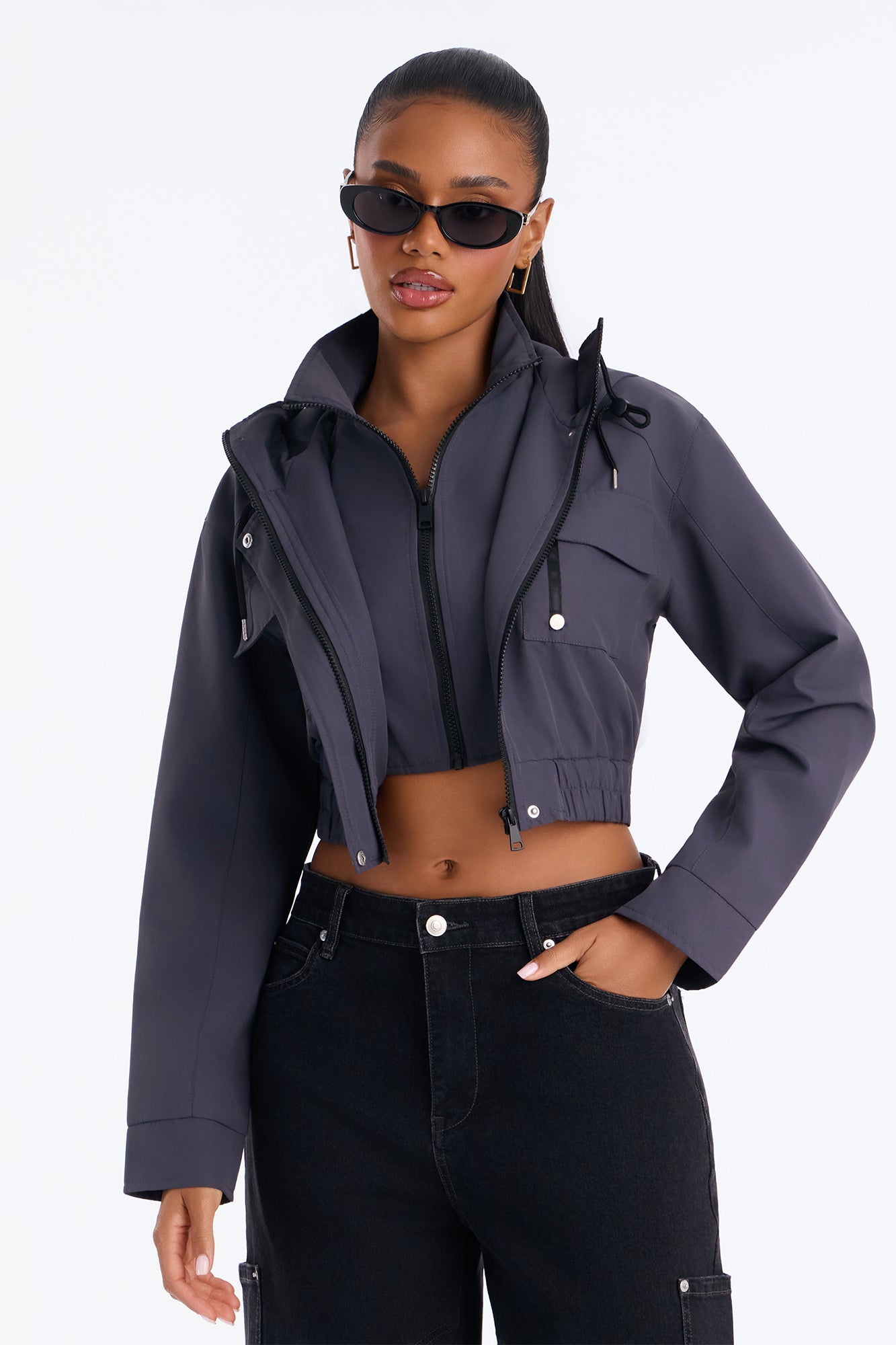 Kelsie Hooded Cropped Jacket - Charcoal