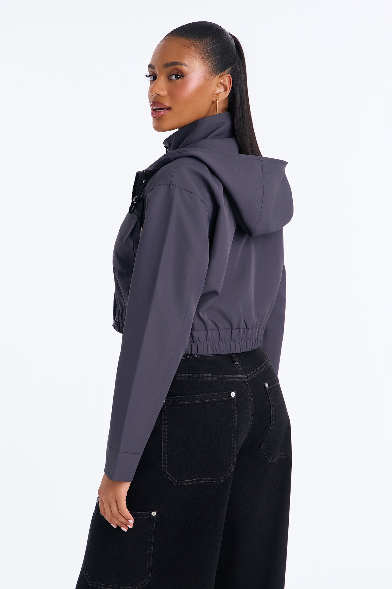 Kelsie Hooded Cropped Jacket - Charcoal