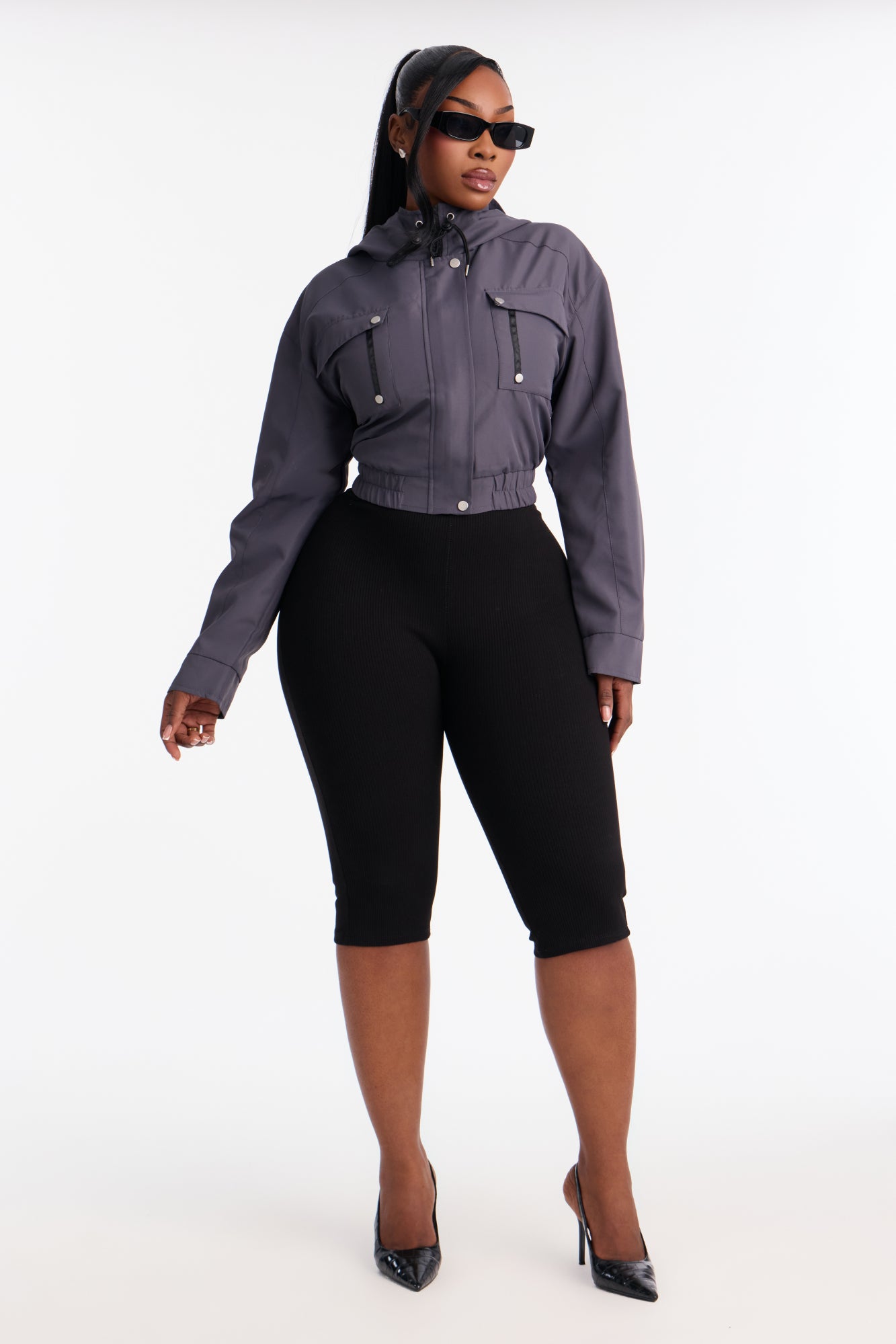Kelsie Hooded Cropped Jacket - Charcoal