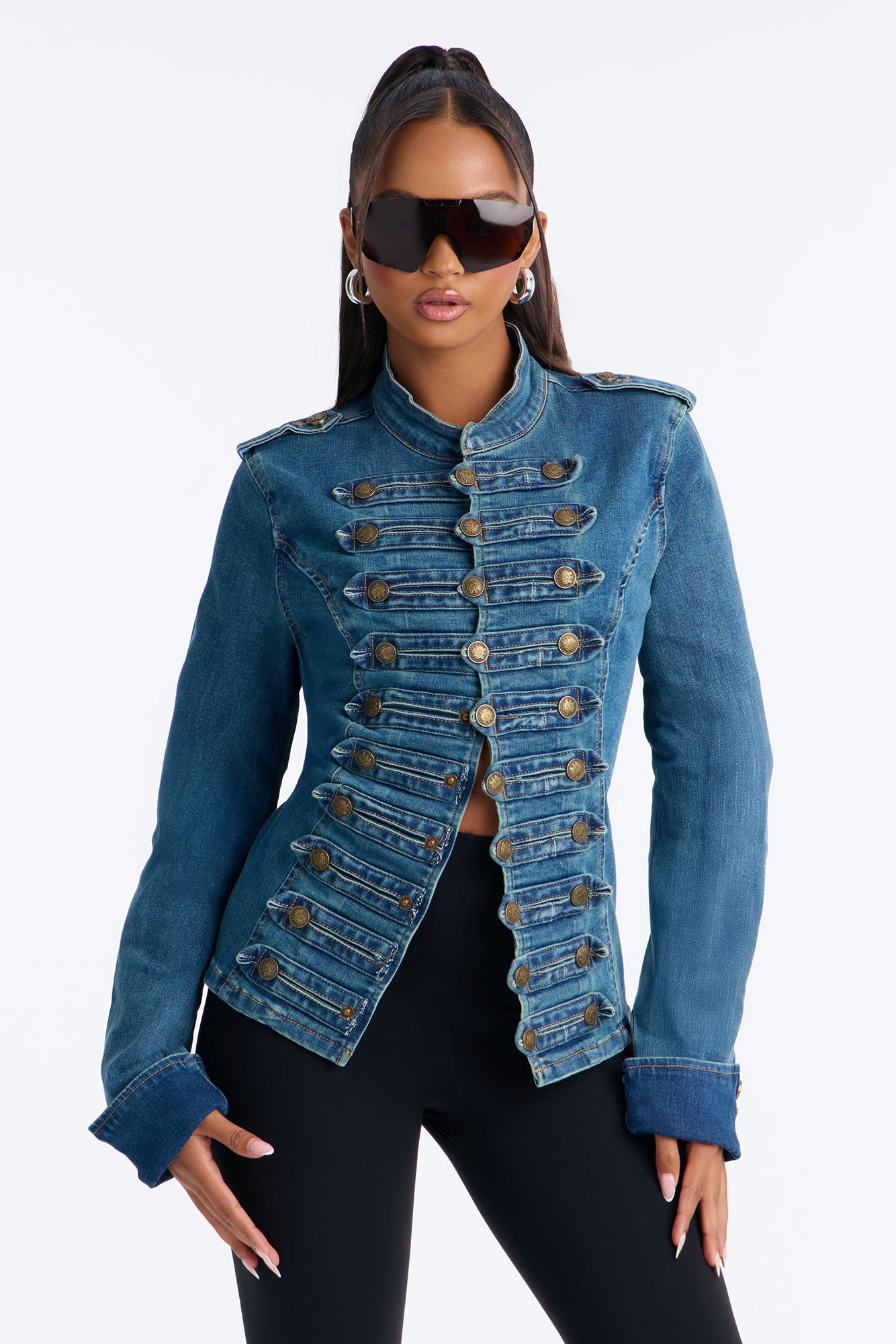 Marching Orders Stretch Denim Military Jacket - Medium Wash
