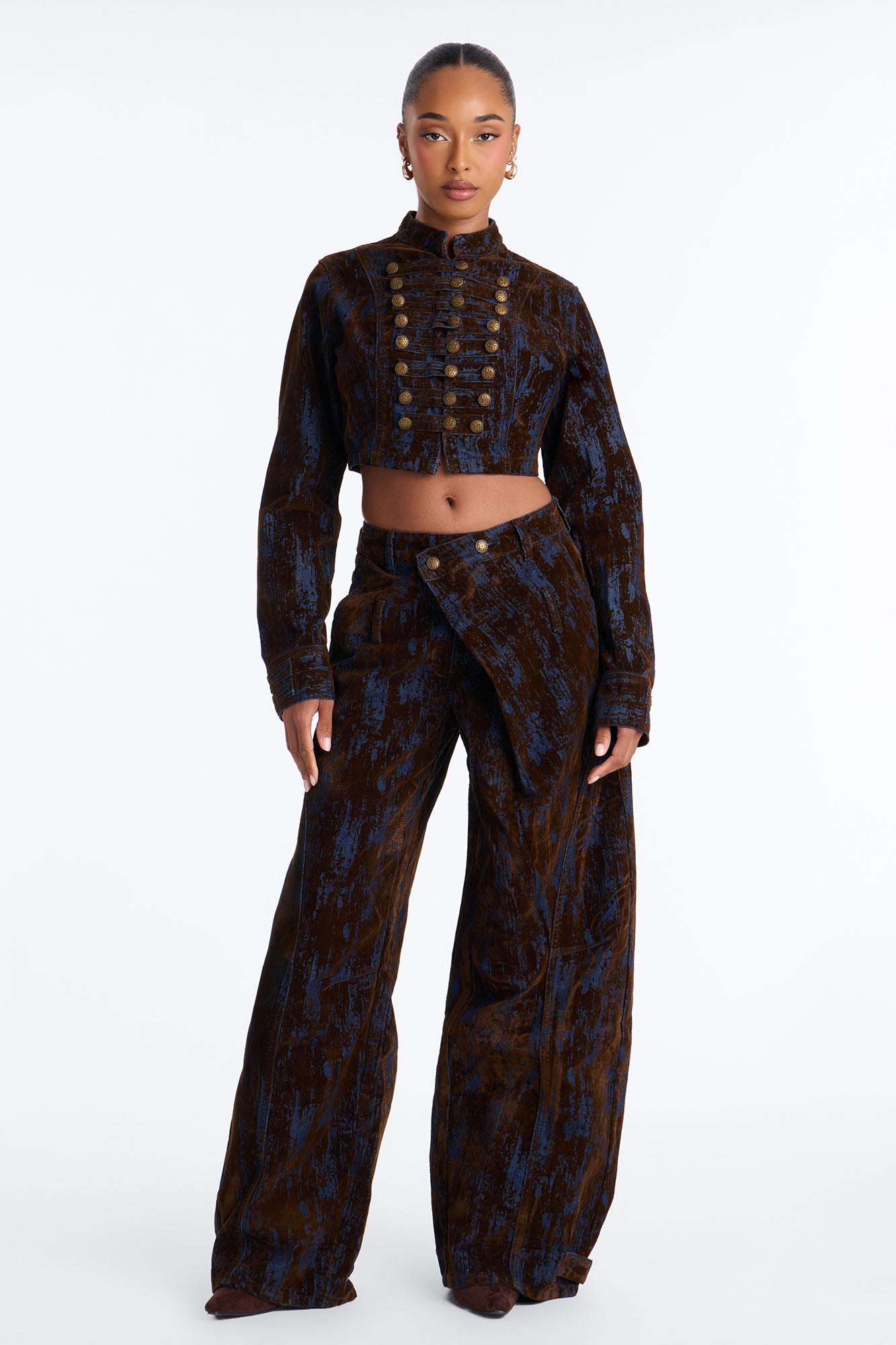 Royal Decree Flocked Denim Blazer Jacket - Brown Combo