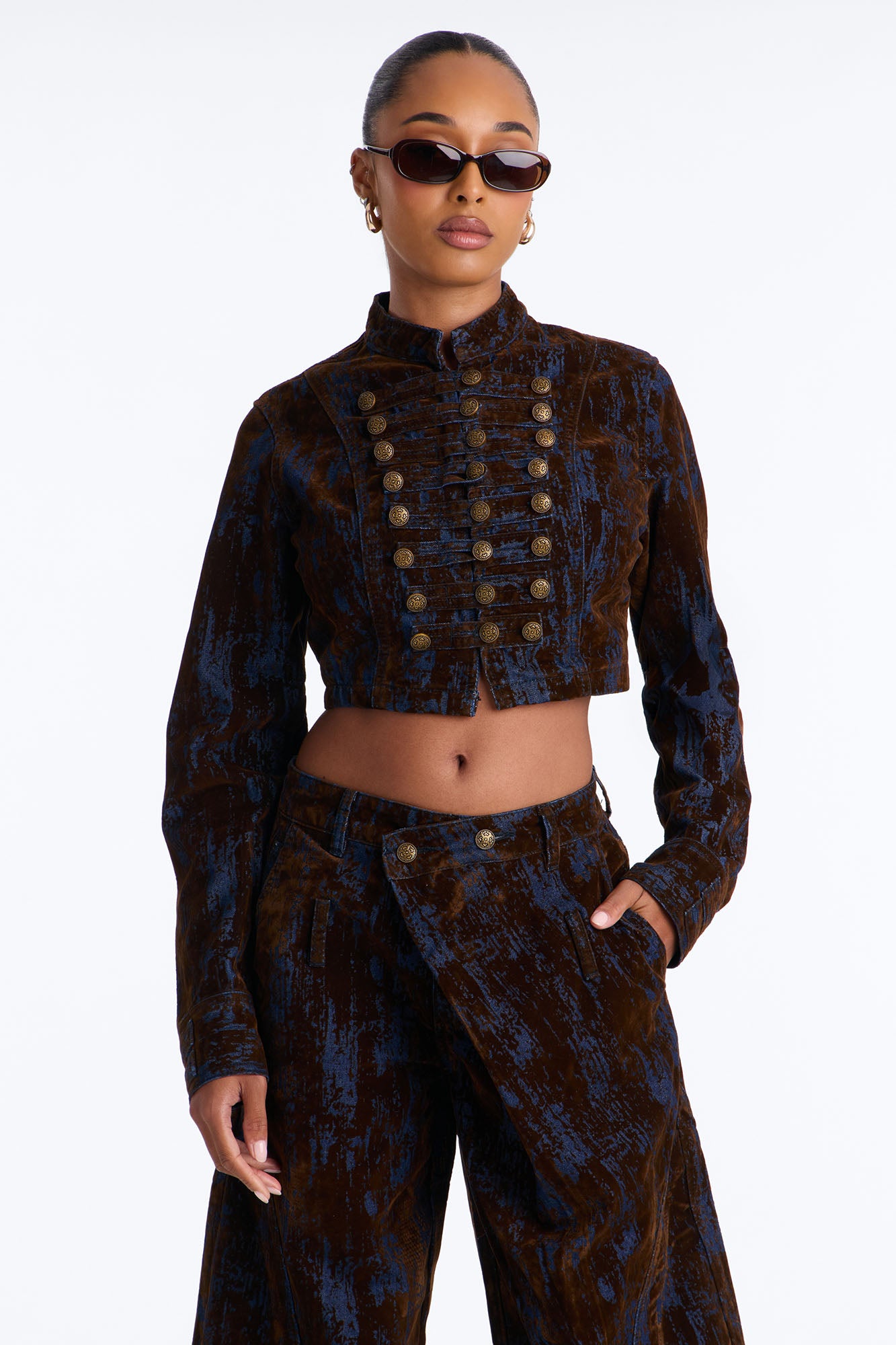 Royal Decree Flocked Denim Blazer Jacket - Brown Combo
